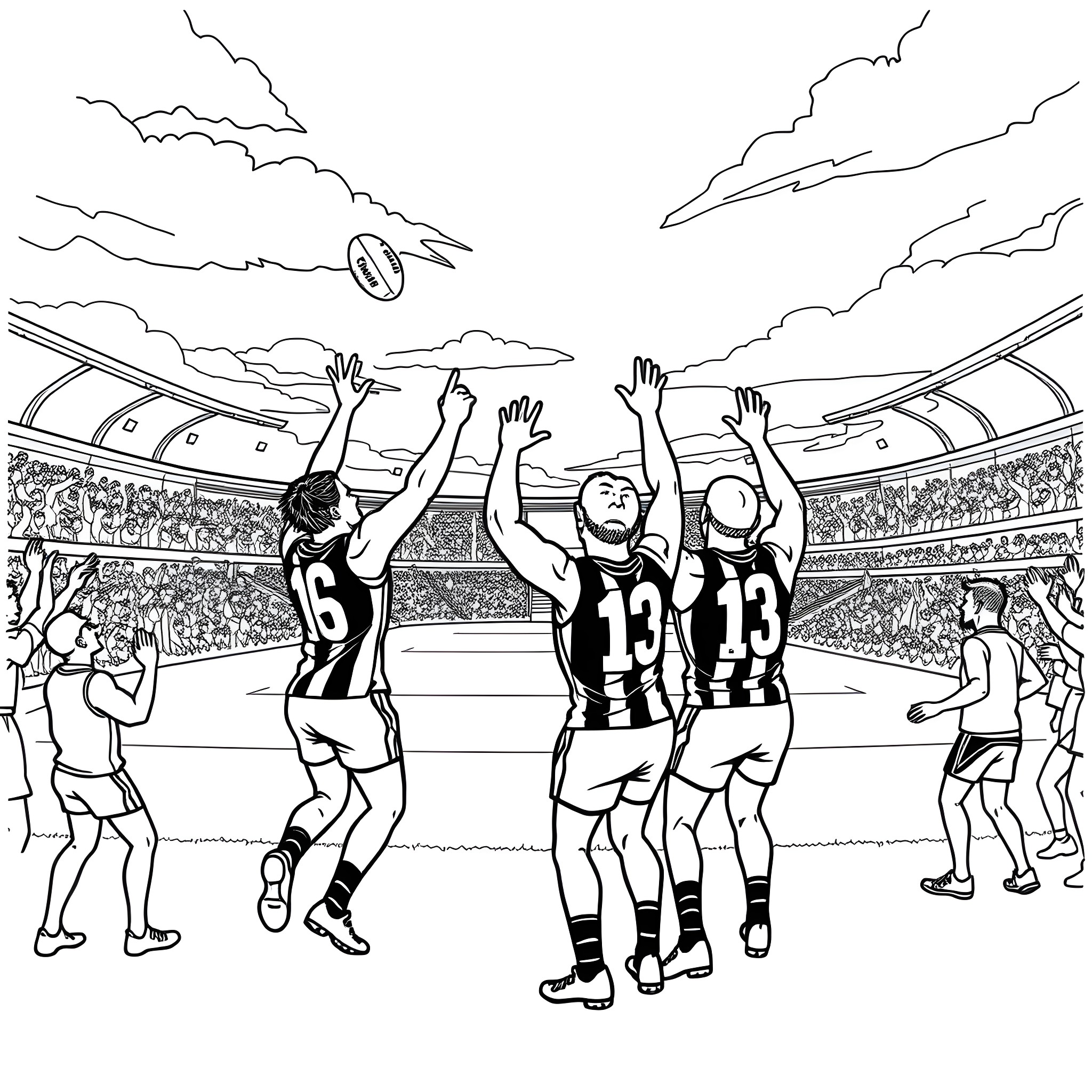 Adelaide Crows players in intense football match Coloring Page (free black-and-white line drawing printable PDF for all, from beginners to advanced learners, including children, teens, adults, and seniors)