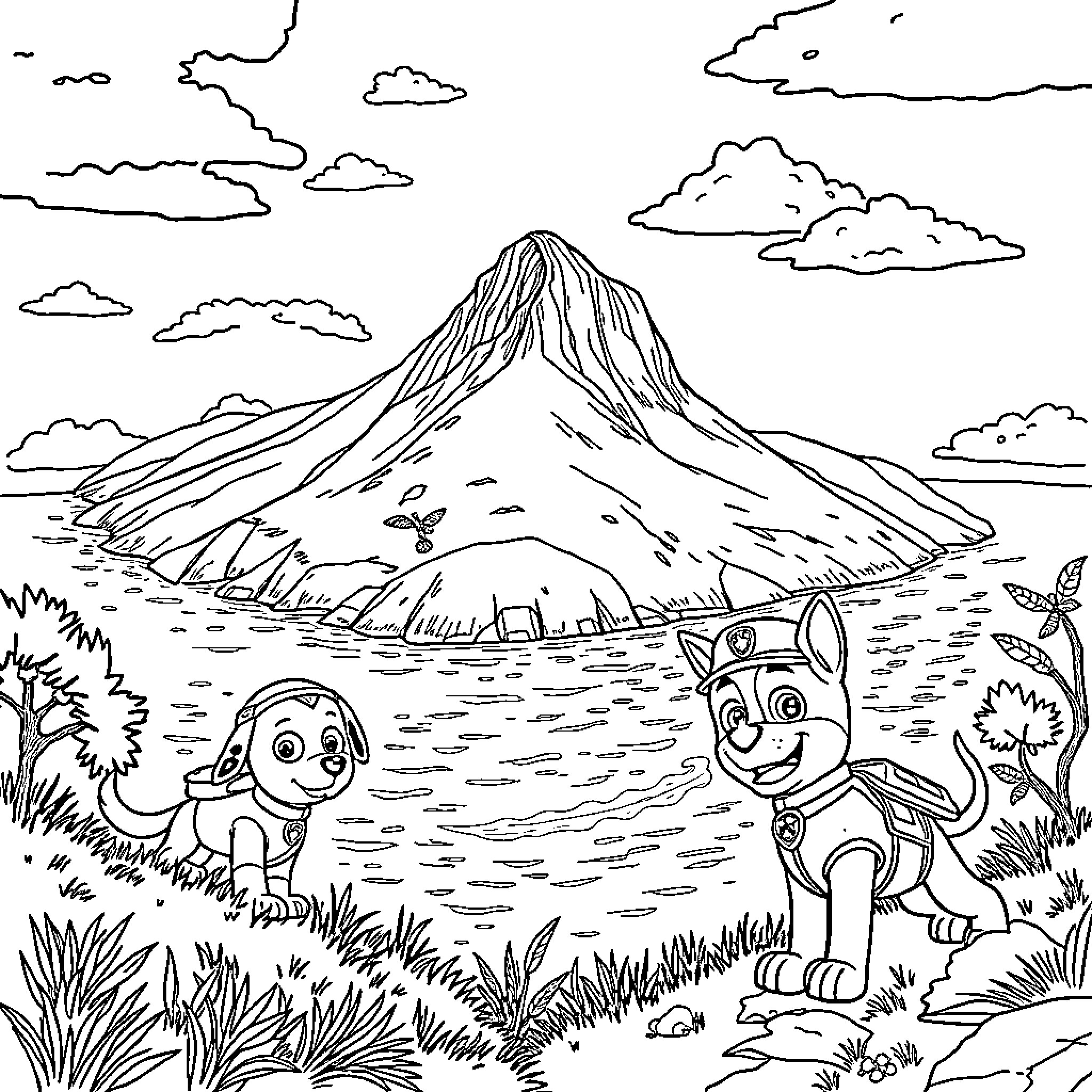 Paw Patrol Exploring Scenic Mountain Landscape Coloring Page (free black-and-white line drawing printable PDF for all, from beginners to advanced learners, including children, teens, adults, and seniors)