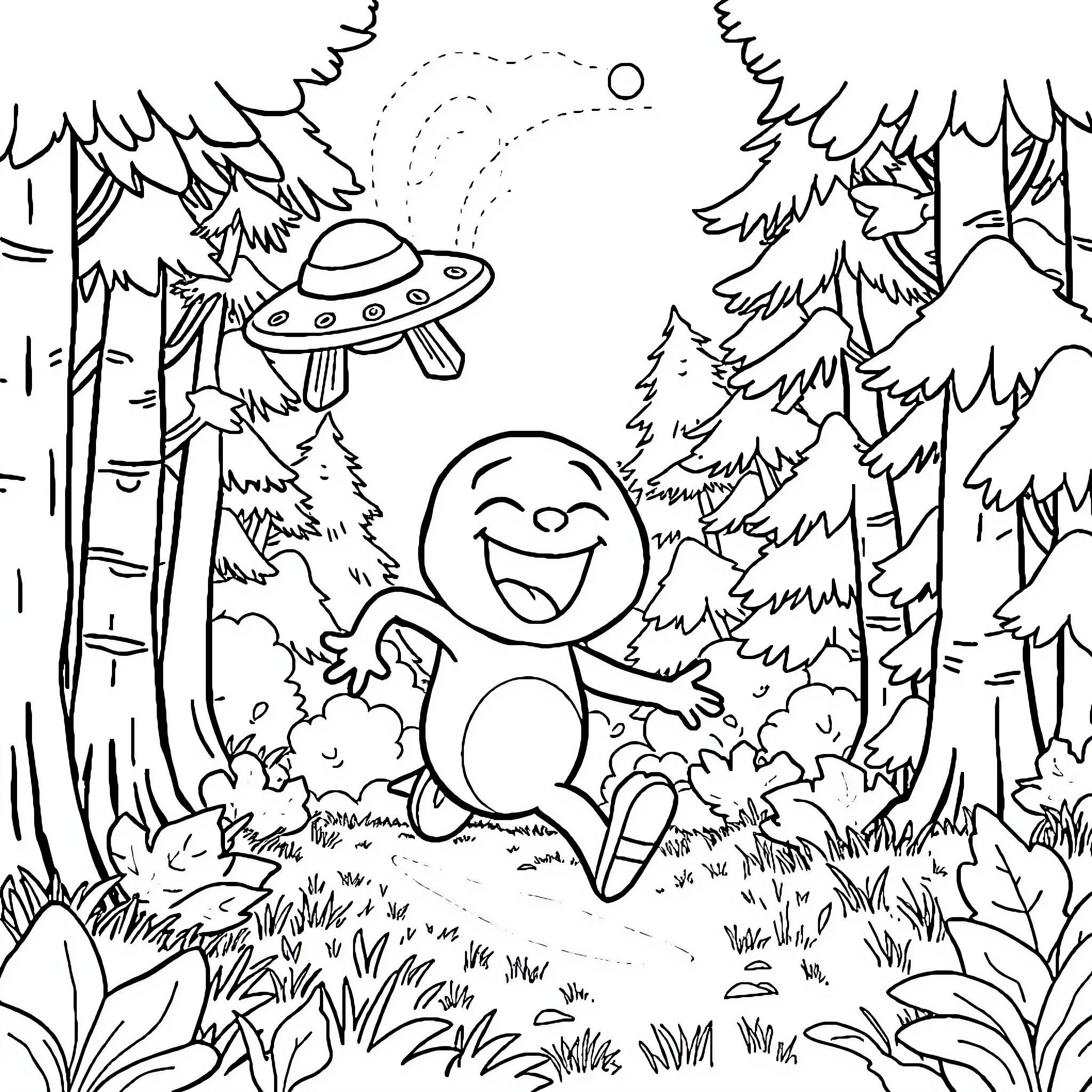 Labubu's Playful Adventure in the Enchanted Forest Coloring Page (free black-and-white line drawing printable PDF for all, from beginners to advanced learners, including children, teens, adults, and seniors)