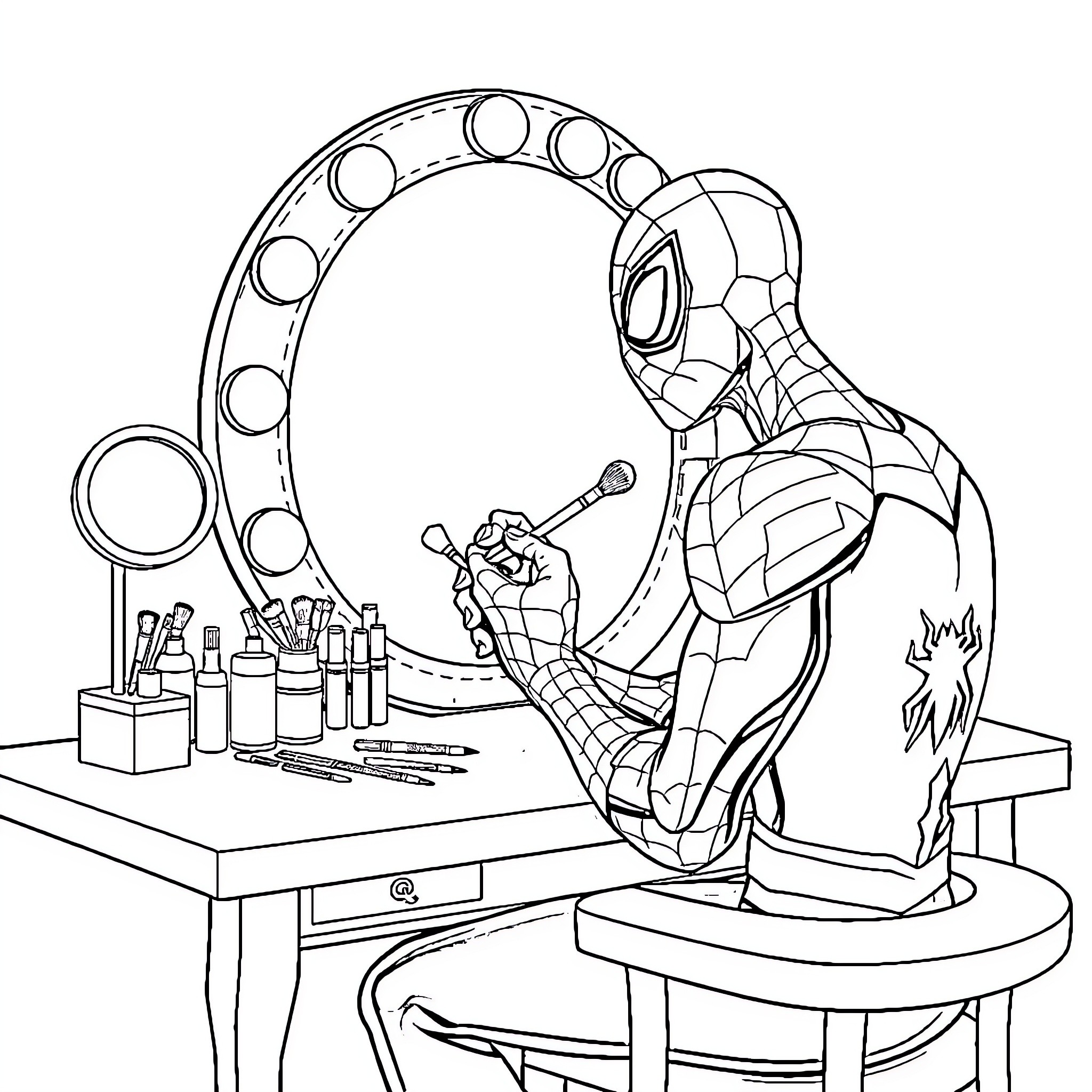Spider-Man applying makeup in front of a mirror Coloring Page (free black-and-white line drawing printable PDF for all, from beginners to advanced learners, including children, teens, adults, and seniors)