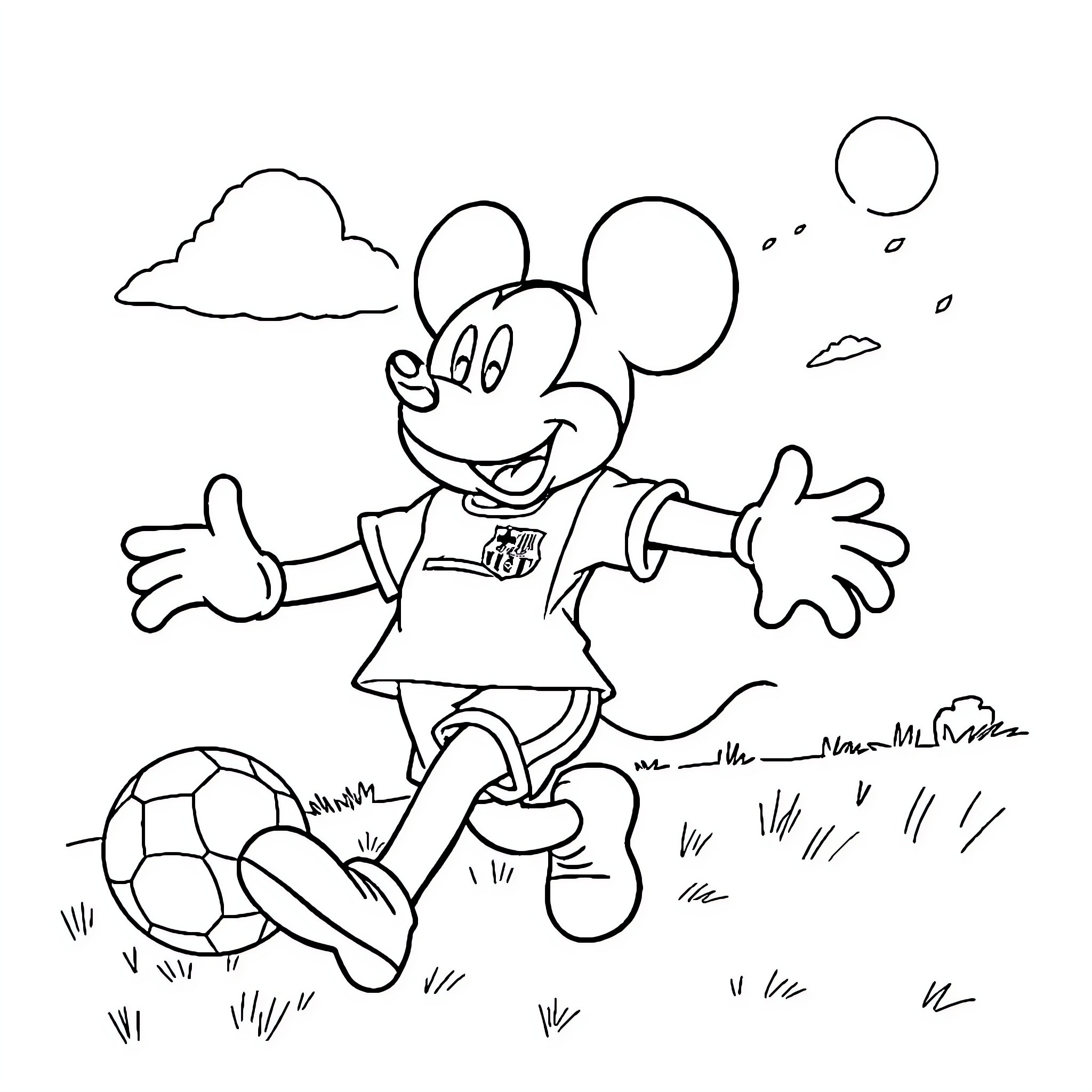 Mickey Mouse playing with soccer ball happily Coloring Page (free black-and-white line drawing printable PDF for all, from beginners to advanced learners, including children, teens, adults, and seniors)