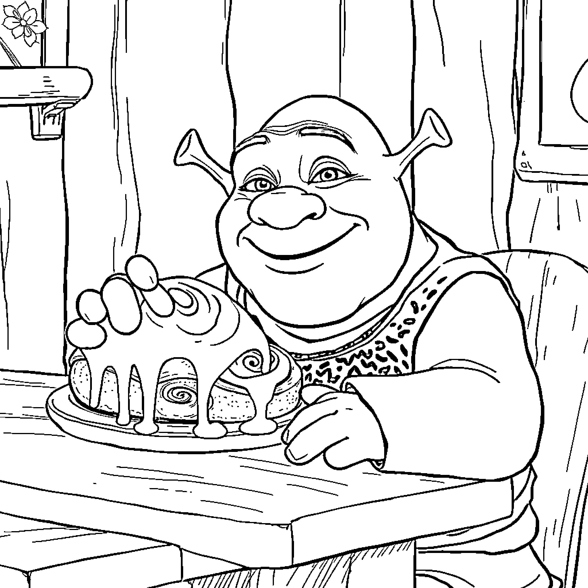 Shrek enjoying a delightful dessert in the cottage Coloring Page (free black-and-white line drawing printable PDF for all, from beginners to advanced learners, including children, teens, adults, and seniors)