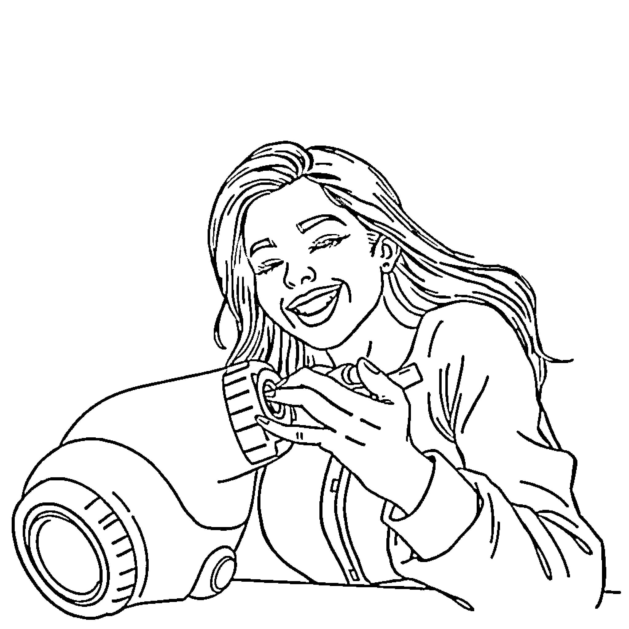 Girl smiling and enjoying music with headphones Coloring Page (free black-and-white line drawing printable PDF for all, from beginners to advanced learners, including children, teens, adults, and seniors)