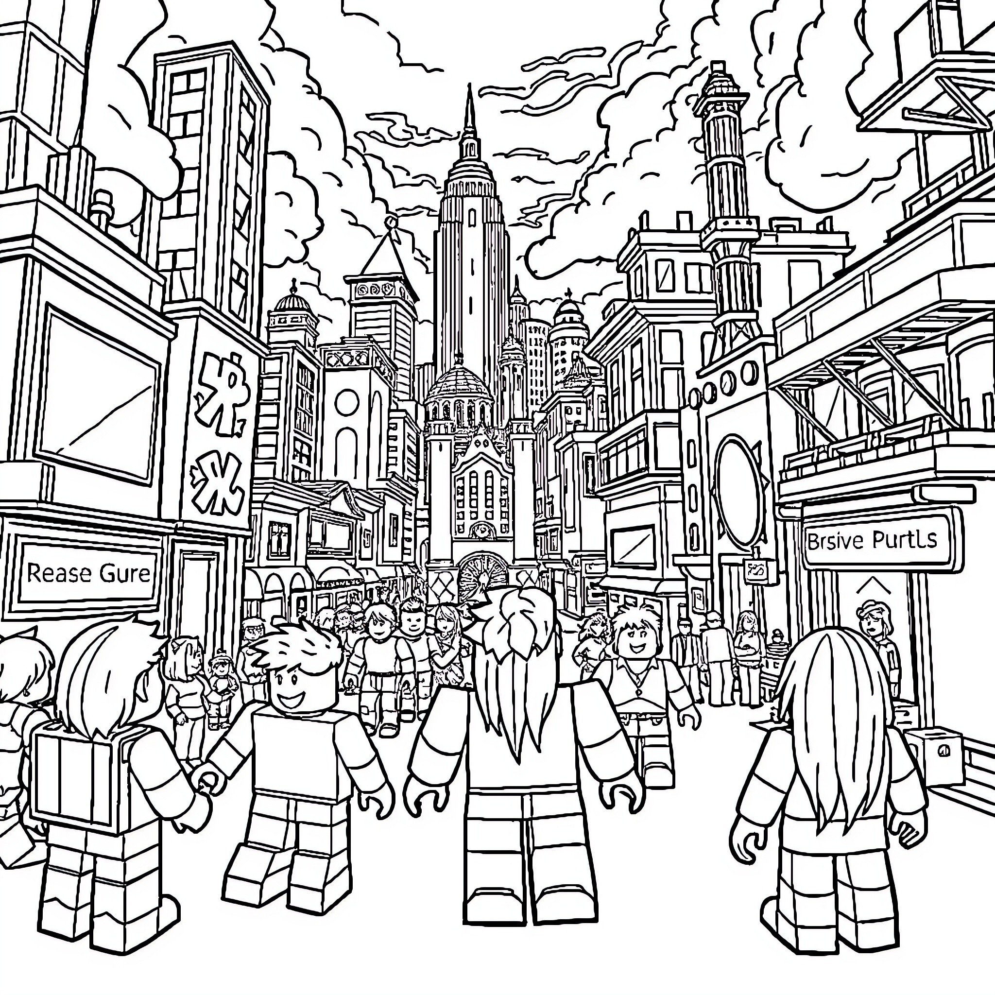 Roblox Characters in a Bustling City Skyline Coloring Page (free black-and-white line drawing printable PDF for all, from beginners to advanced learners, including children, teens, adults, and seniors)