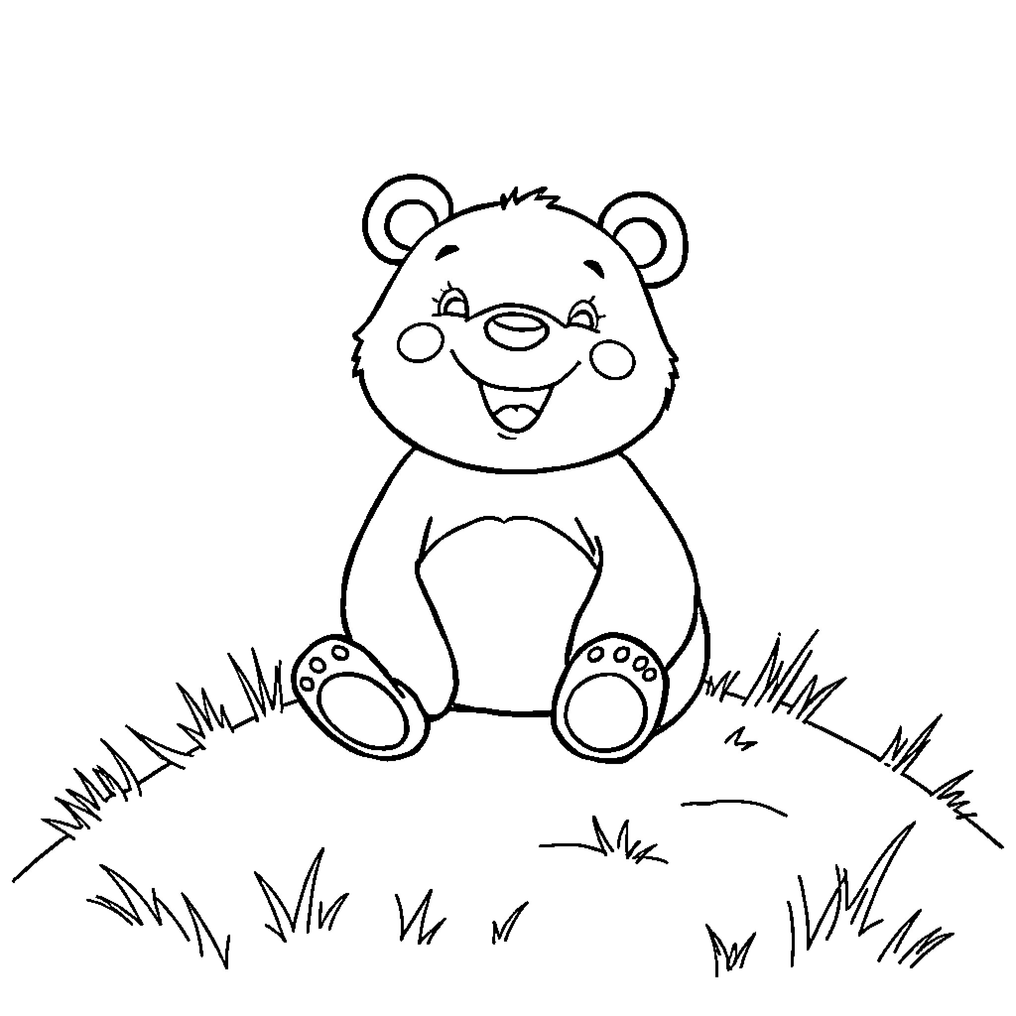 Balou the happy bear sitting in the grass Coloring Page (free black-and-white line drawing printable PDF for all, from beginners to advanced learners, including children, teens, adults, and seniors)