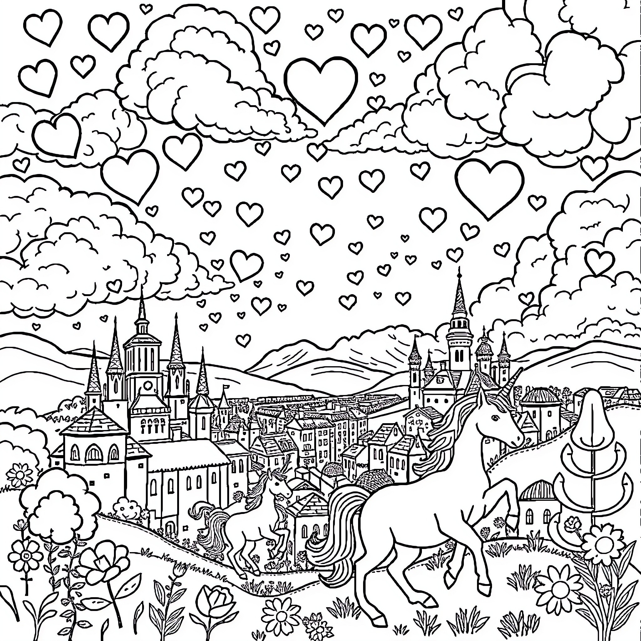 Unicorn exploring a whimsical fantasy landscape Coloring Page (free black-and-white line drawing printable PDF for all, from beginners to advanced learners, including children, teens, adults, and seniors)