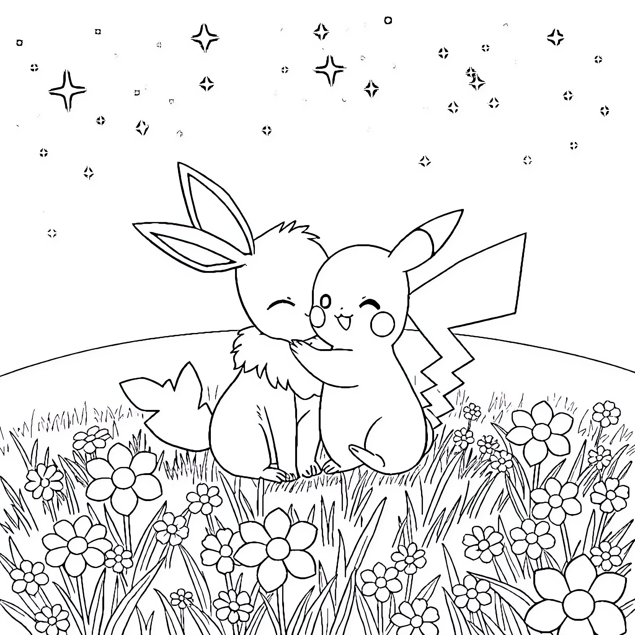 Eevee enjoying a starry night in a flowery meadow Coloring Page (free black-and-white line drawing printable PDF for all, from beginners to advanced learners, including children, teens, adults, and seniors)