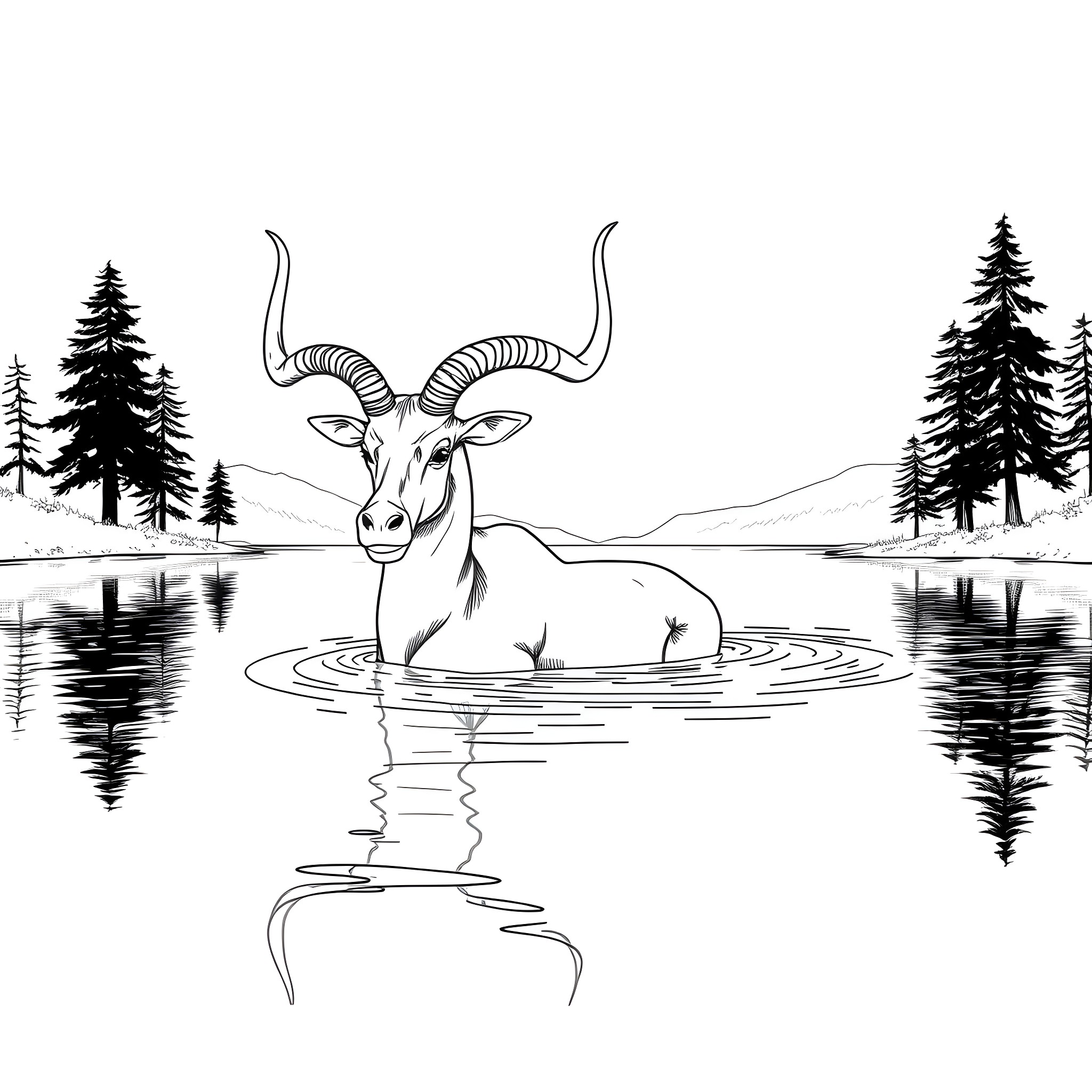 Uktena, the Mythical Horned Creature in Peaceful Reflection Coloring Page (free black-and-white line drawing printable PDF for all, from beginners to advanced learners, including children, teens, adults, and seniors)