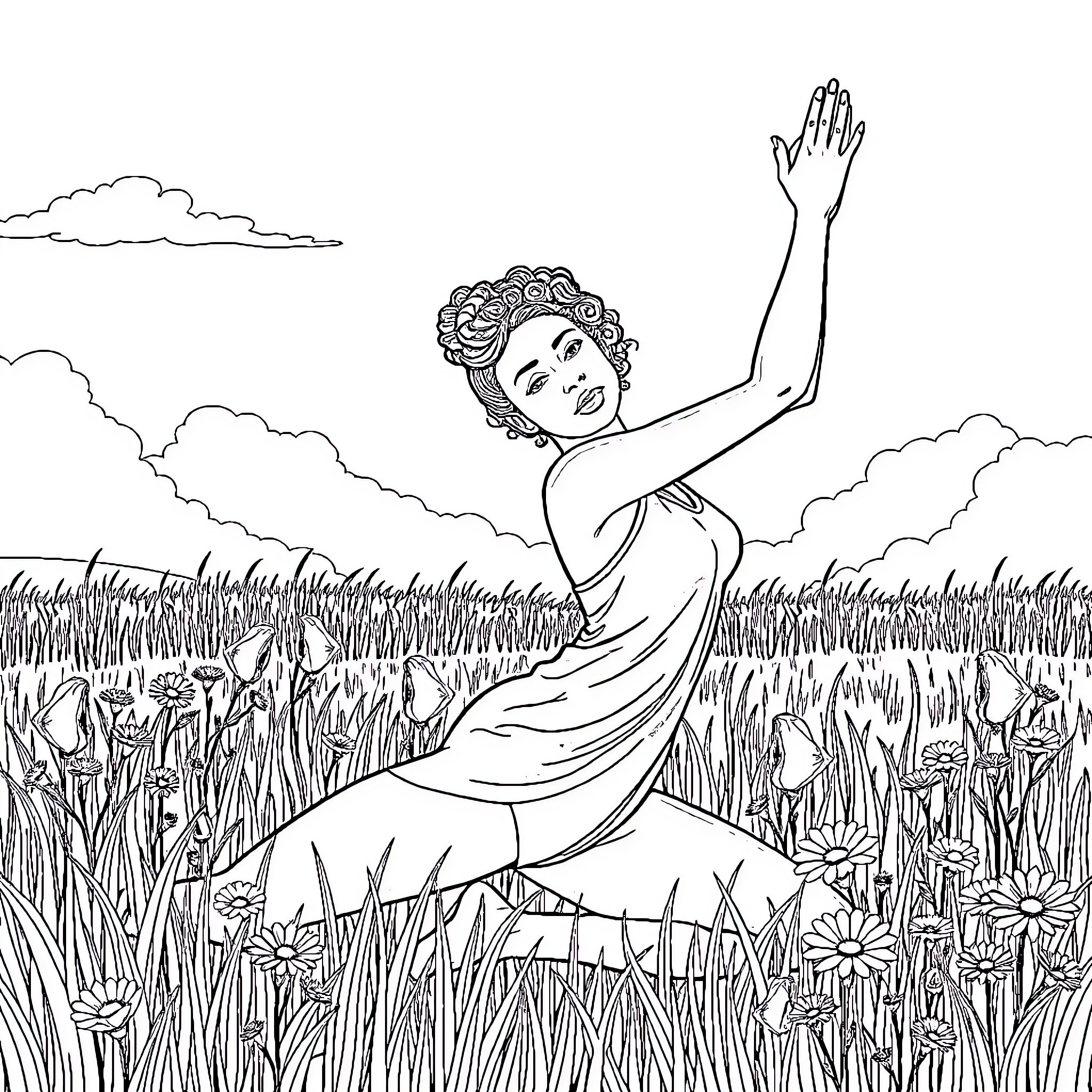 Woman joyfully dancing in a flower field Coloring Page (free black-and-white line drawing printable PDF for all, from beginners to advanced learners, including children, teens, adults, and seniors)