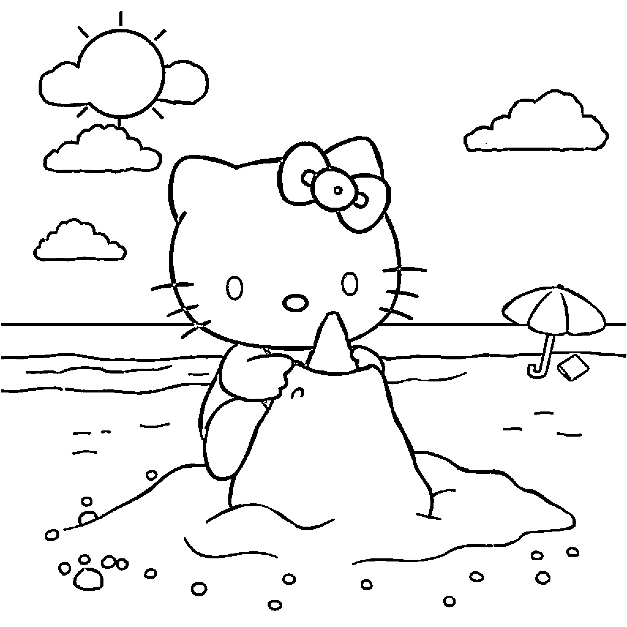 Hello Kitty enjoying a sunny beach day Coloring Page (free black-and-white line drawing printable PDF for all, from beginners to advanced learners, including children, teens, adults, and seniors)
