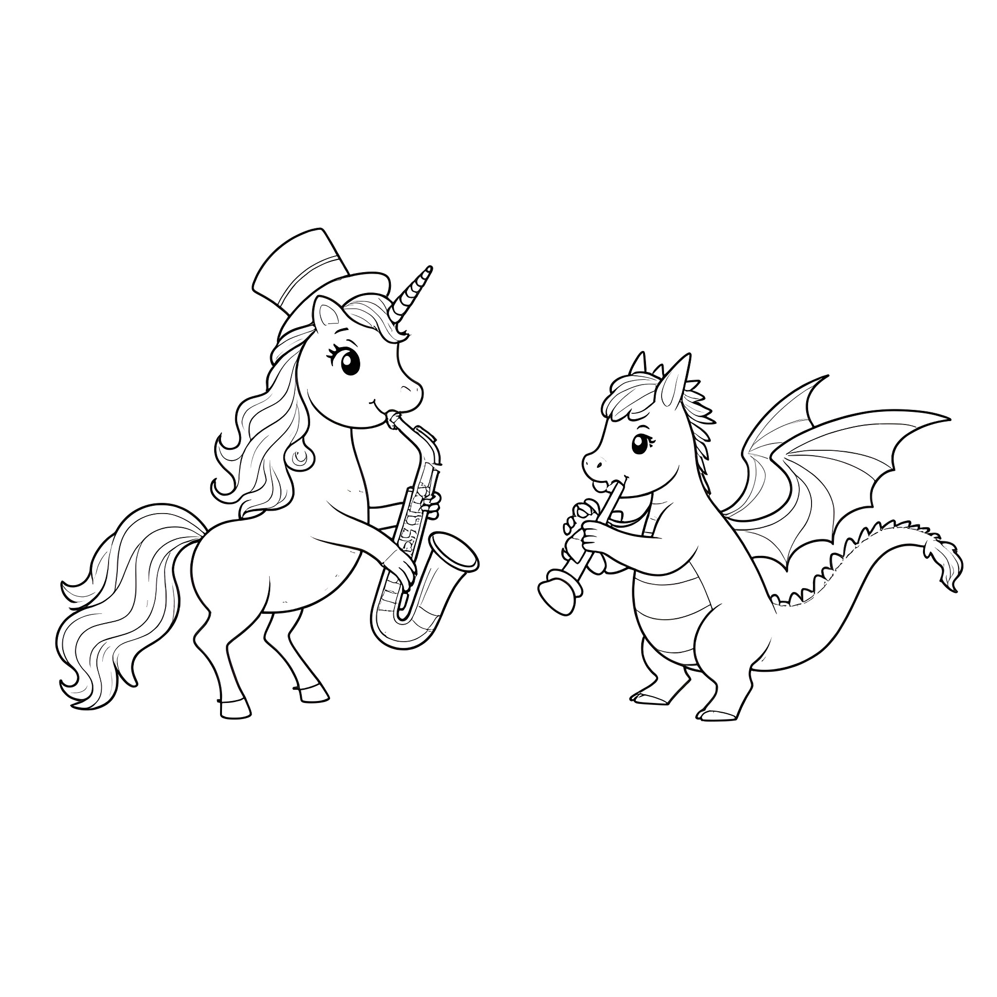 Unicorn musicians playing instruments with dragon Coloring Page (free black-and-white line drawing printable PDF for all, from beginners to advanced learners, including children, teens, adults, and seniors)