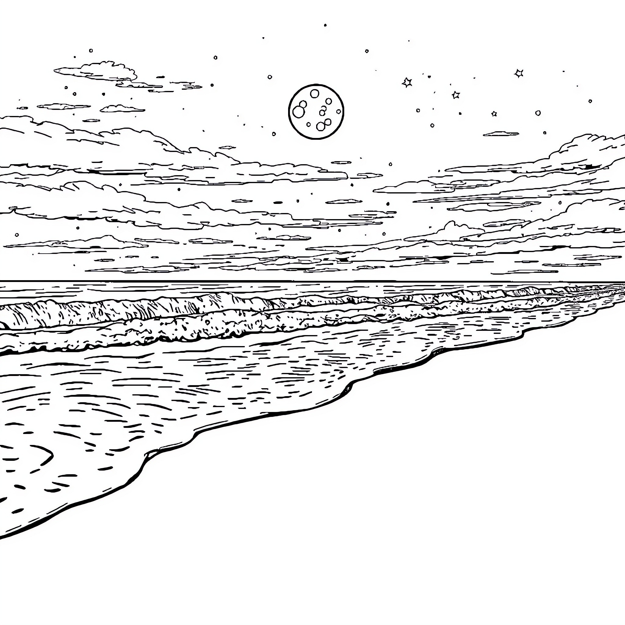 Beach at night with moon and starry sky Coloring Page (free black-and-white line drawing printable PDF for all, from beginners to advanced learners, including children, teens, adults, and seniors)