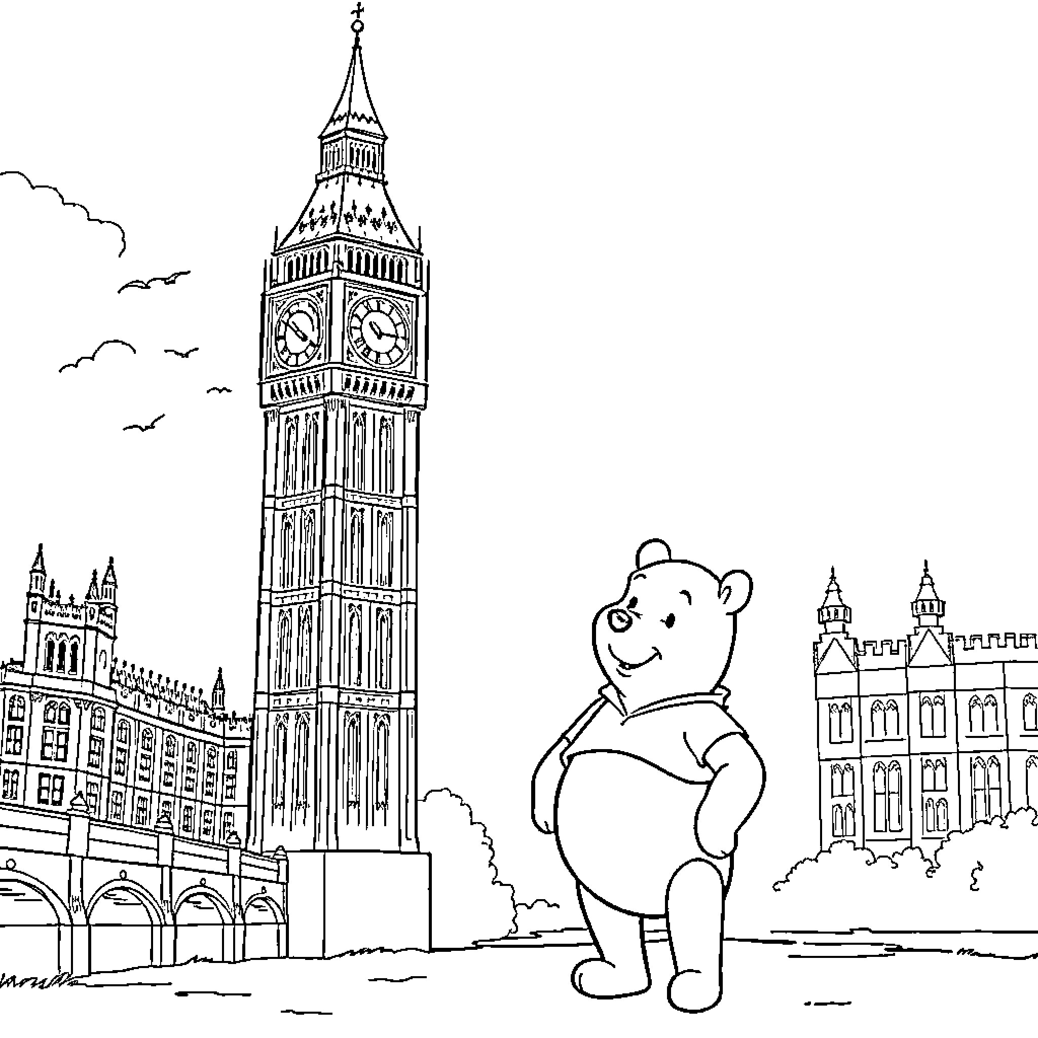 Winnie The Pooh exploring the iconic Big Ben landmark Coloring Page (free black-and-white line drawing printable PDF for all, from beginners to advanced learners, including children, teens, adults, and seniors)