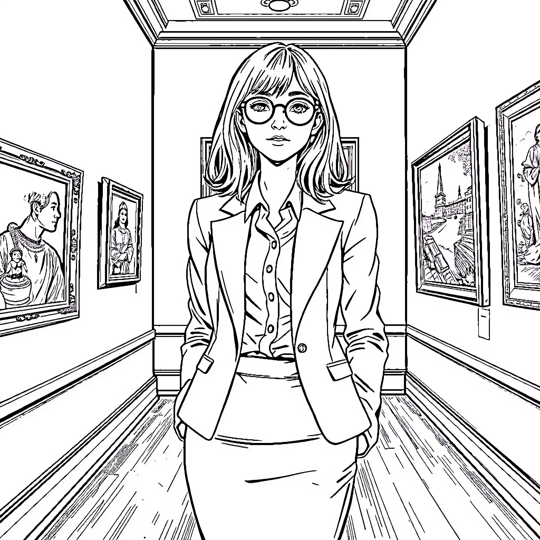 Girl in Formal Attire Exploring Art Gallery Coloring Page (free black-and-white line drawing printable PDF for all, from beginners to advanced learners, including children, teens, adults, and seniors)