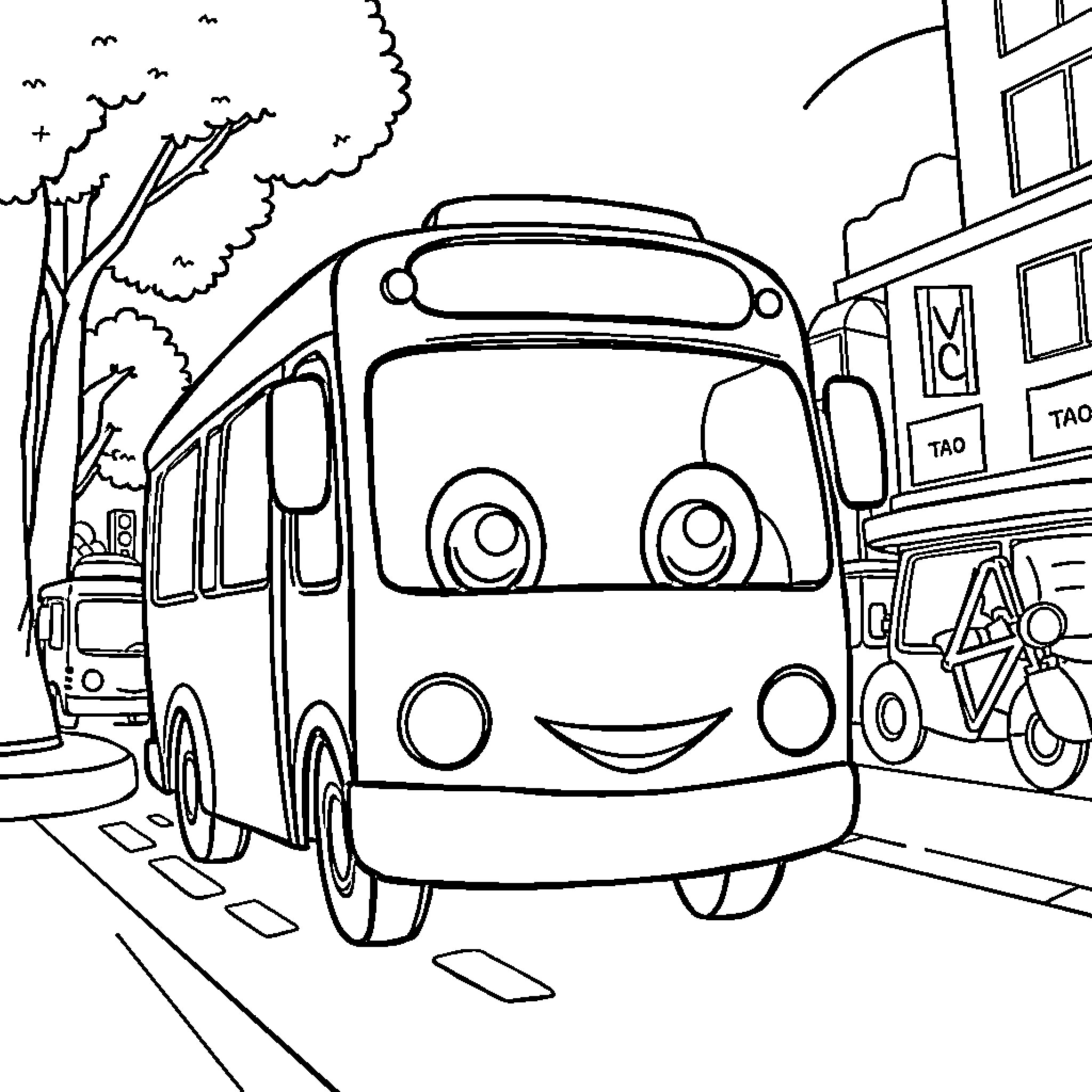 Bus on a city street with smiling expression Coloring Page (free black-and-white line drawing printable PDF for all, from beginners to advanced learners, including children, teens, adults, and seniors)