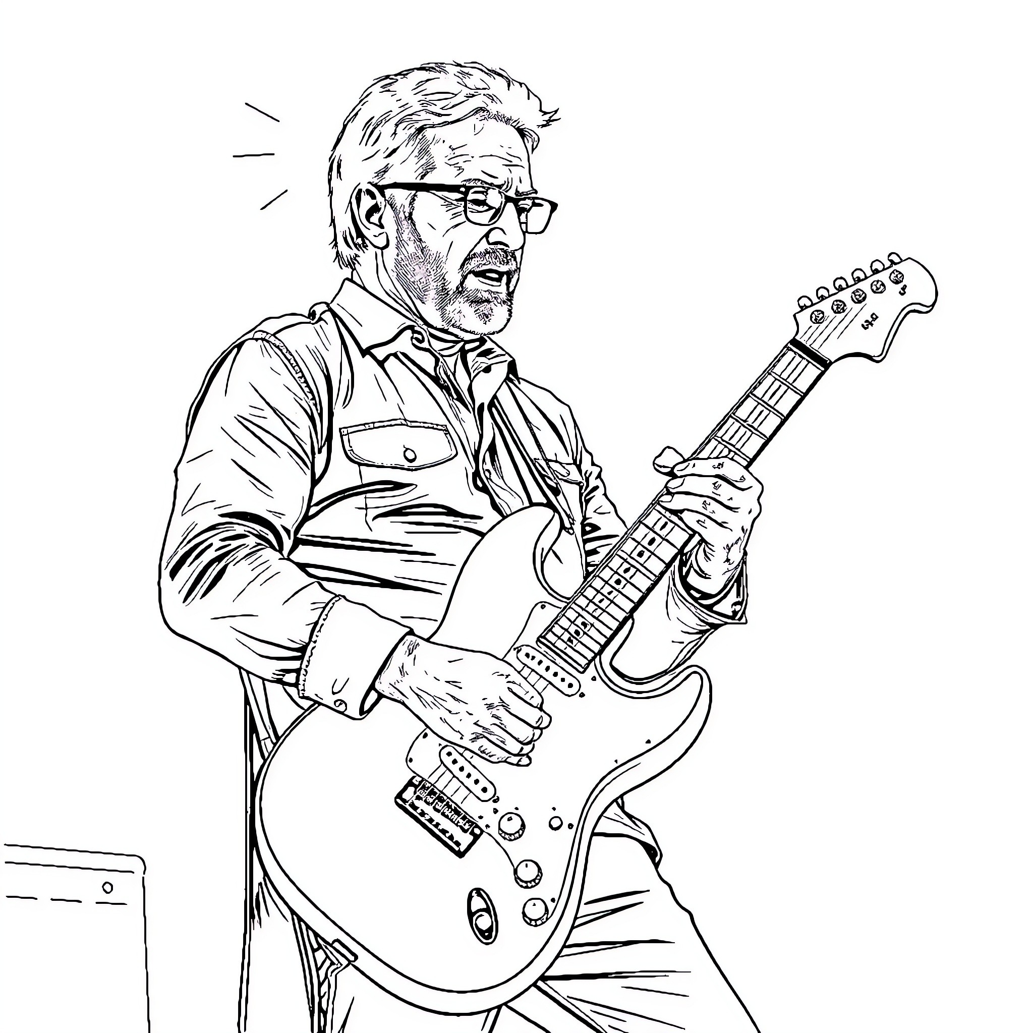Guitarist performing with passion and focus Coloring Page (free black-and-white line drawing printable PDF for all, from beginners to advanced learners, including children, teens, adults, and seniors)