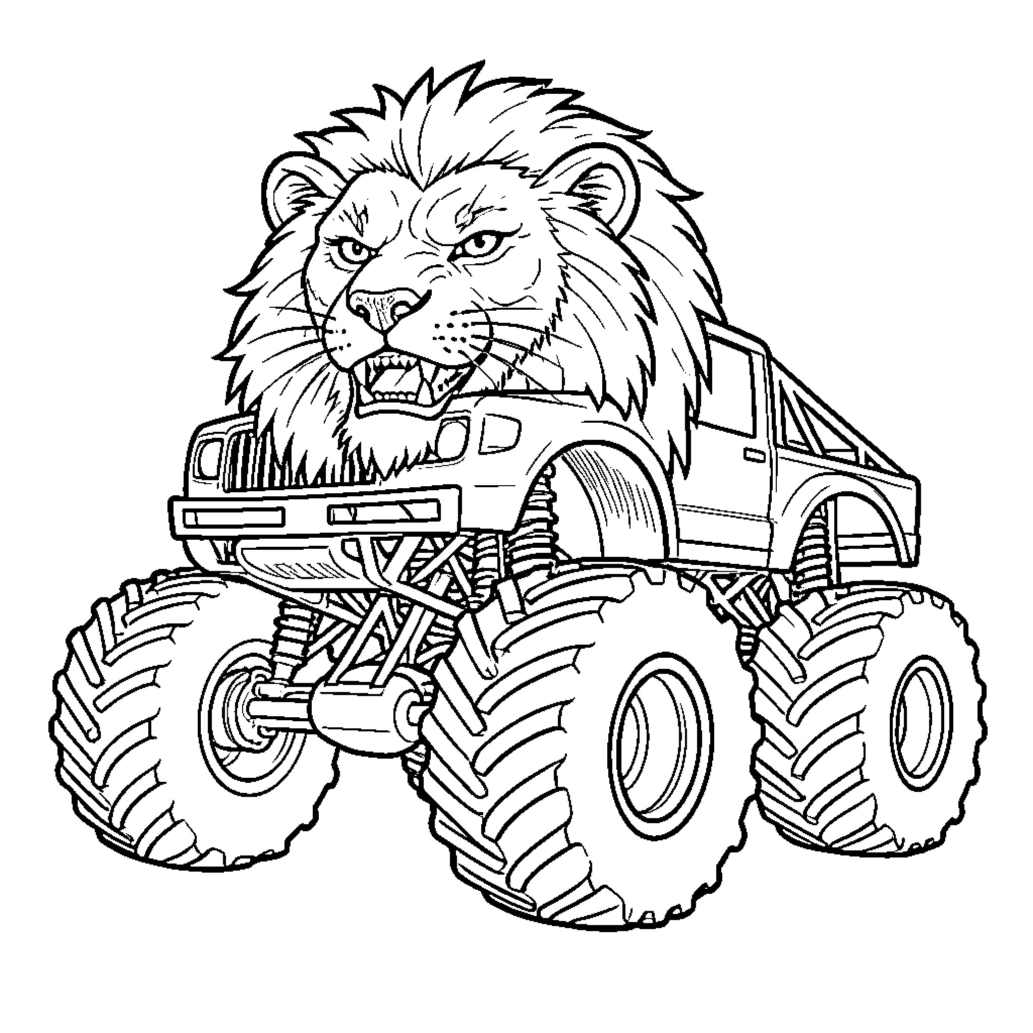 Monster Truck featuring a fierce roaring lion head Coloring Page (free black-and-white line drawing printable PDF for all, from beginners to advanced learners, including children, teens, adults, and seniors)