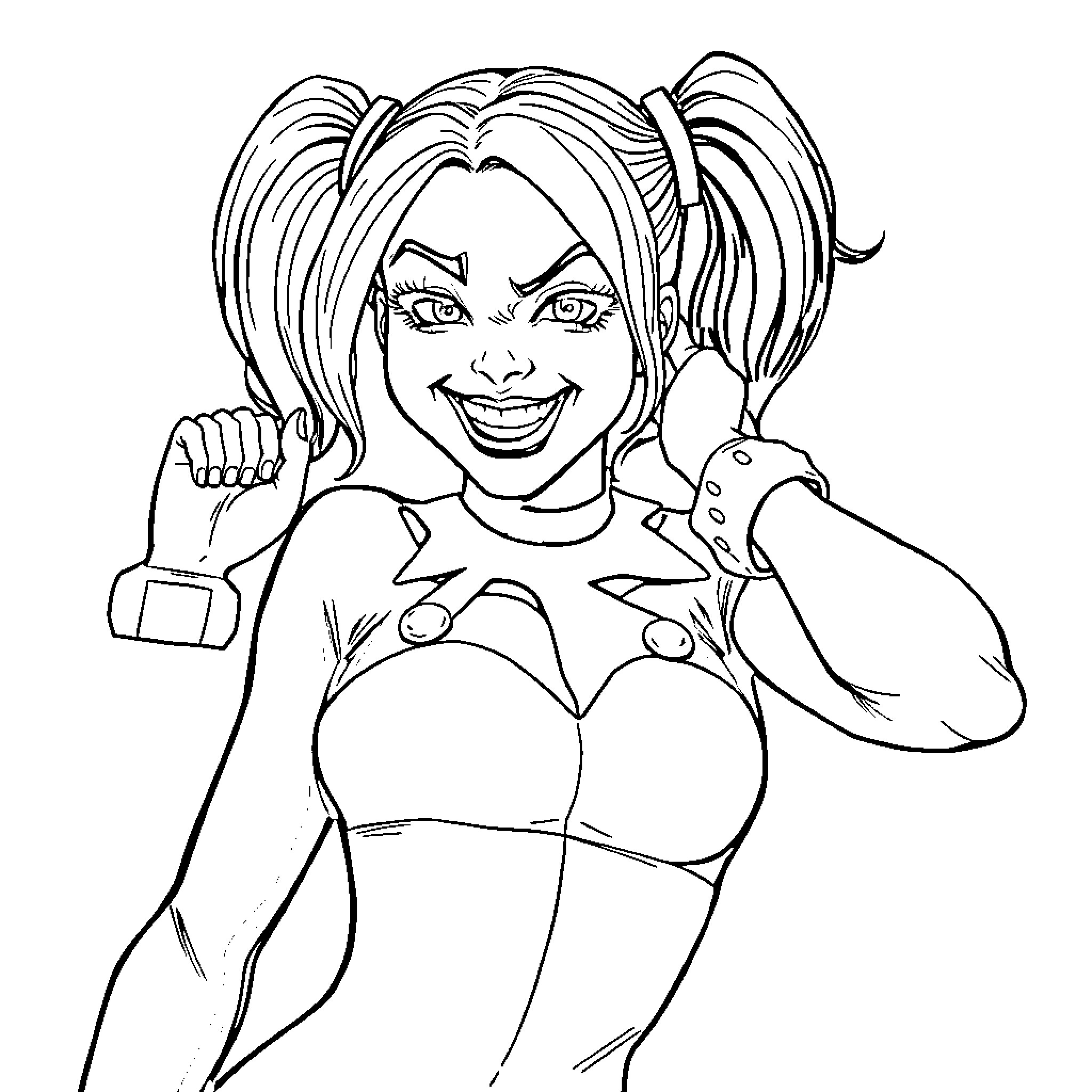 Harley Quinn in mischievous pose Coloring Page (free black-and-white line drawing printable PDF for all, from beginners to advanced learners, including children, teens, adults, and seniors)