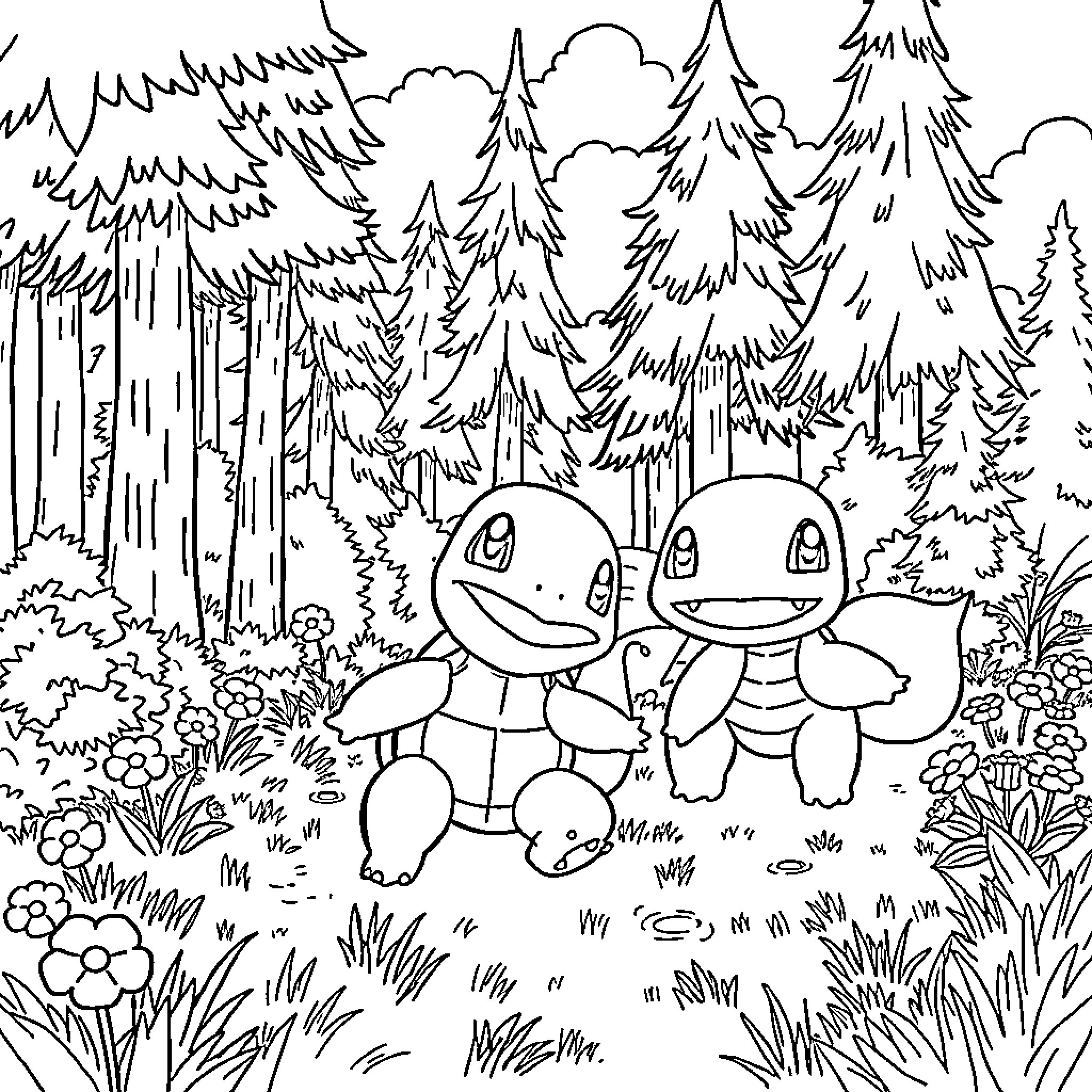 Squirtle friends in the forest Coloring Page (free black-and-white line drawing printable PDF for all, from beginners to advanced learners, including children, teens, adults, and seniors)