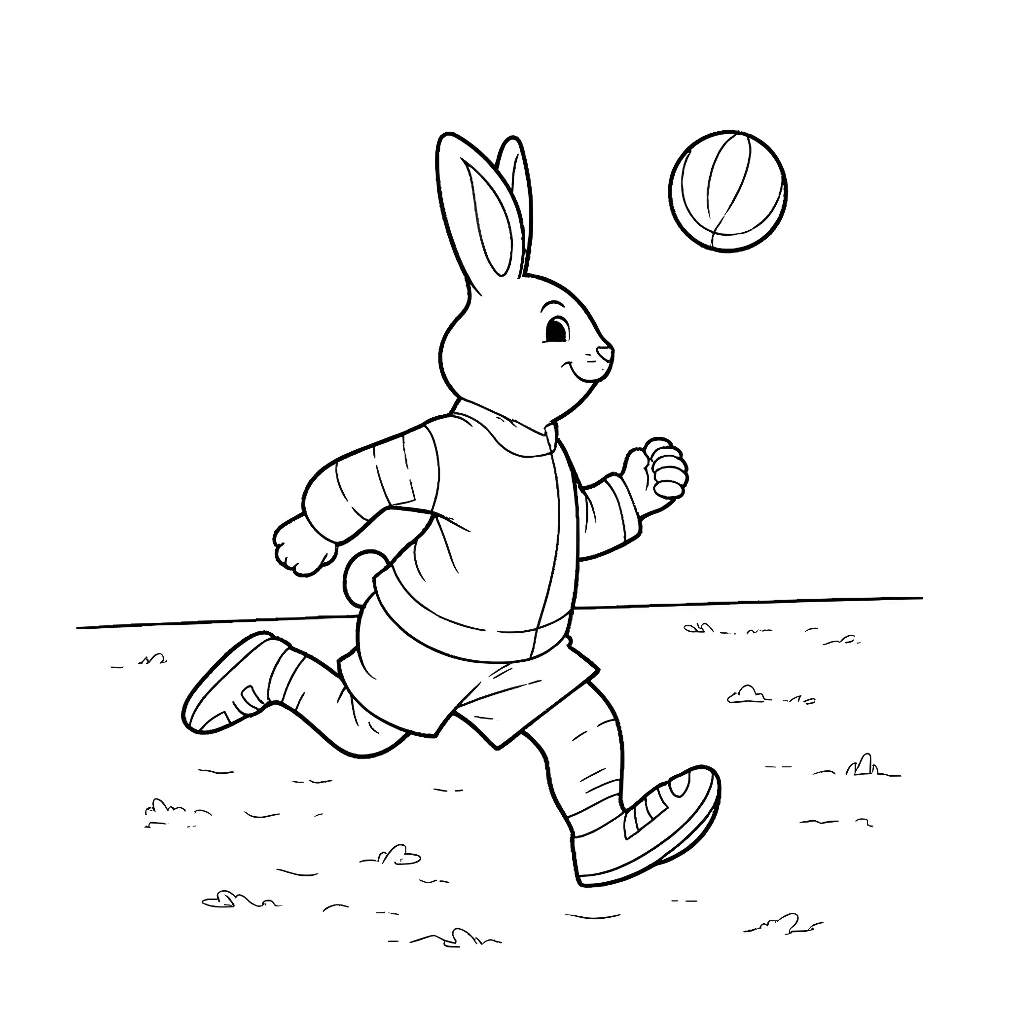 Easter Bunny running with a ball Coloring Page (free black-and-white line drawing printable PDF for all, from beginners to advanced learners, including children, teens, adults, and seniors)
