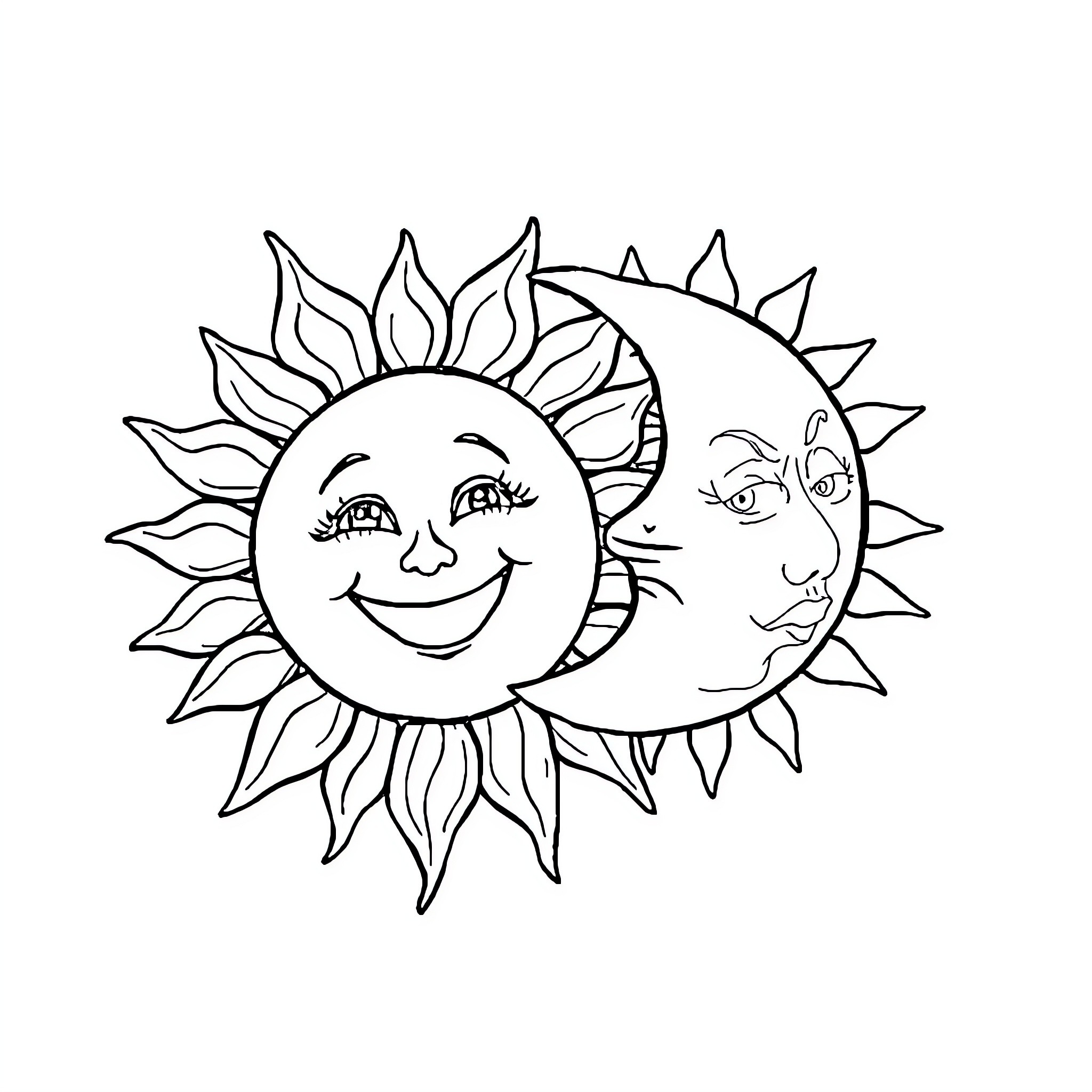 Moon and Sun enjoying each other's company Coloring Page (free black-and-white line drawing printable PDF for all, from beginners to advanced learners, including children, teens, adults, and seniors)