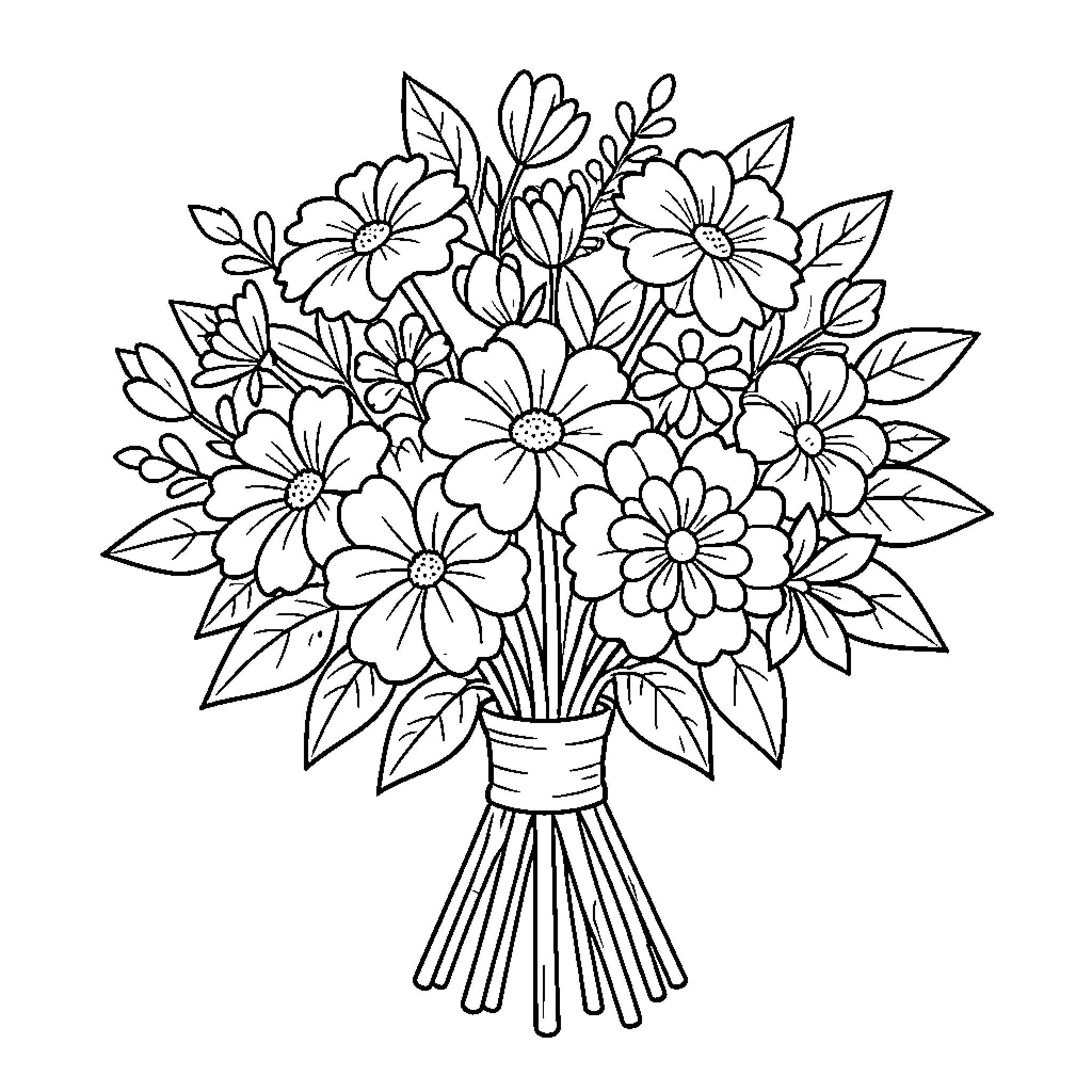 Flower bouquet with vibrant blooms Coloring Page (free black-and-white line drawing printable PDF for all, from beginners to advanced learners, including children, teens, adults, and seniors)