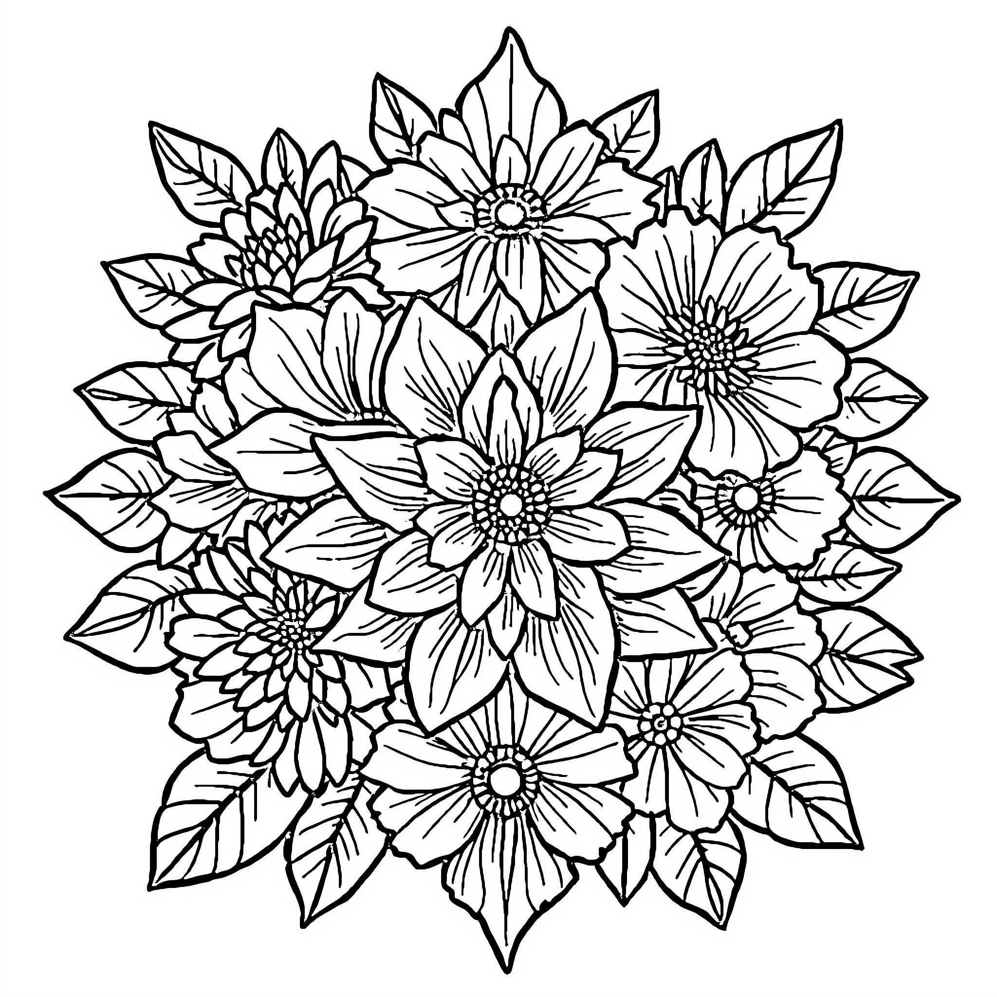 Floral bouquet of detailed flower blossoms Coloring Page (free black-and-white line drawing printable PDF for all, from beginners to advanced learners, including children, teens, adults, and seniors)