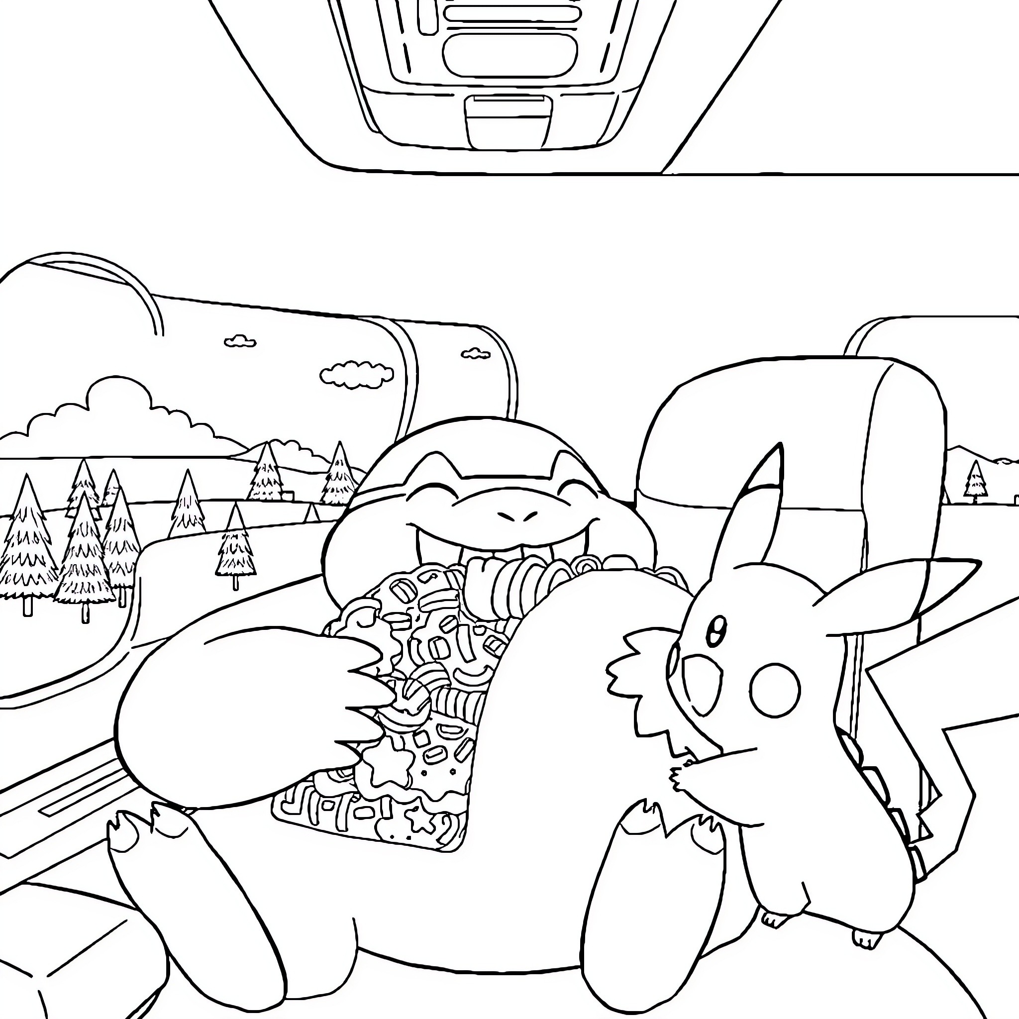 Snorlax sleeping peacefully in the wilderness Coloring Page (free black-and-white line drawing printable PDF for all, from beginners to advanced learners, including children, teens, adults, and seniors)