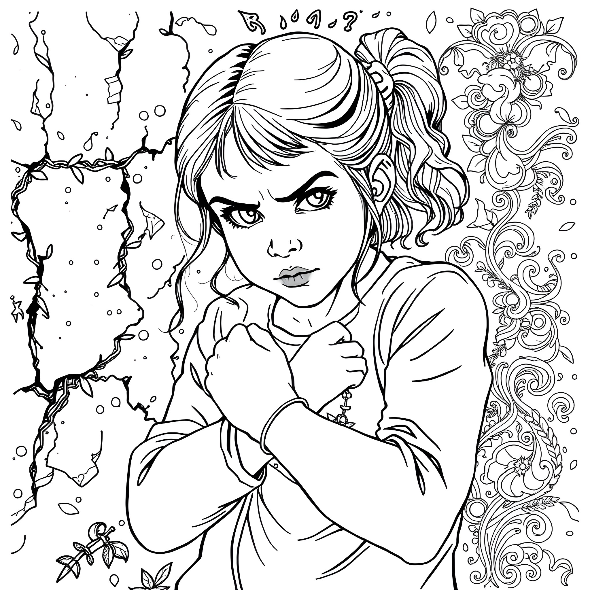 Girl with decorative floral elements Coloring Page (free black-and-white line drawing printable PDF for all, from beginners to advanced learners, including children, teens, adults, and seniors)