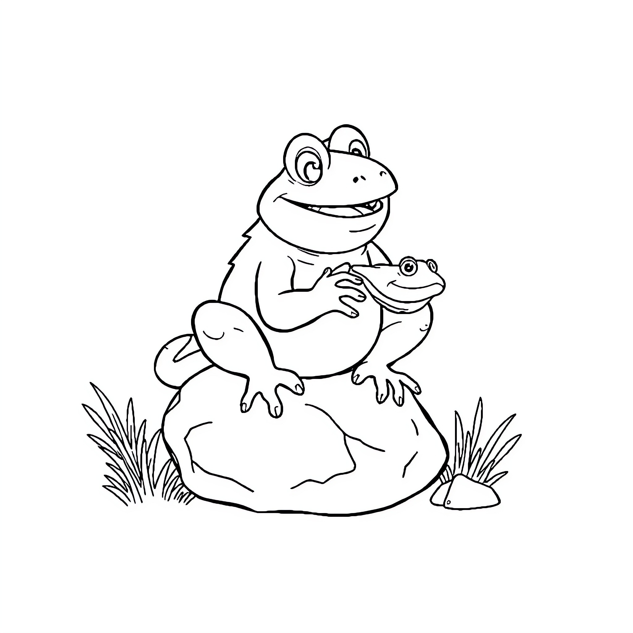 Grogu playing happily with a frog in the meadow Coloring Page (free black-and-white line drawing printable PDF for all, from beginners to advanced learners, including children, teens, adults, and seniors)