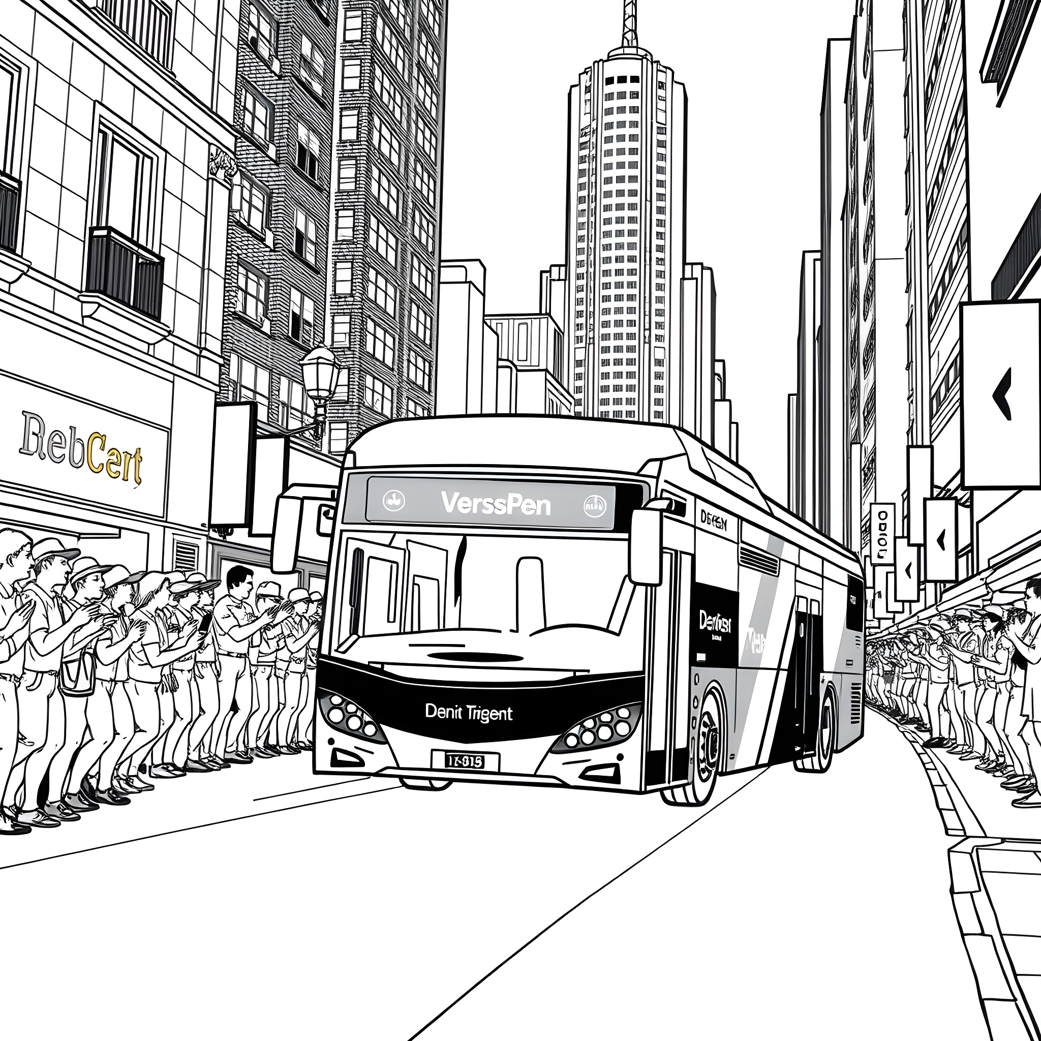 Bus Transporting Passengers Through Bustling City Coloring Page (free black-and-white line drawing printable PDF for all, from beginners to advanced learners, including children, teens, adults, and seniors)