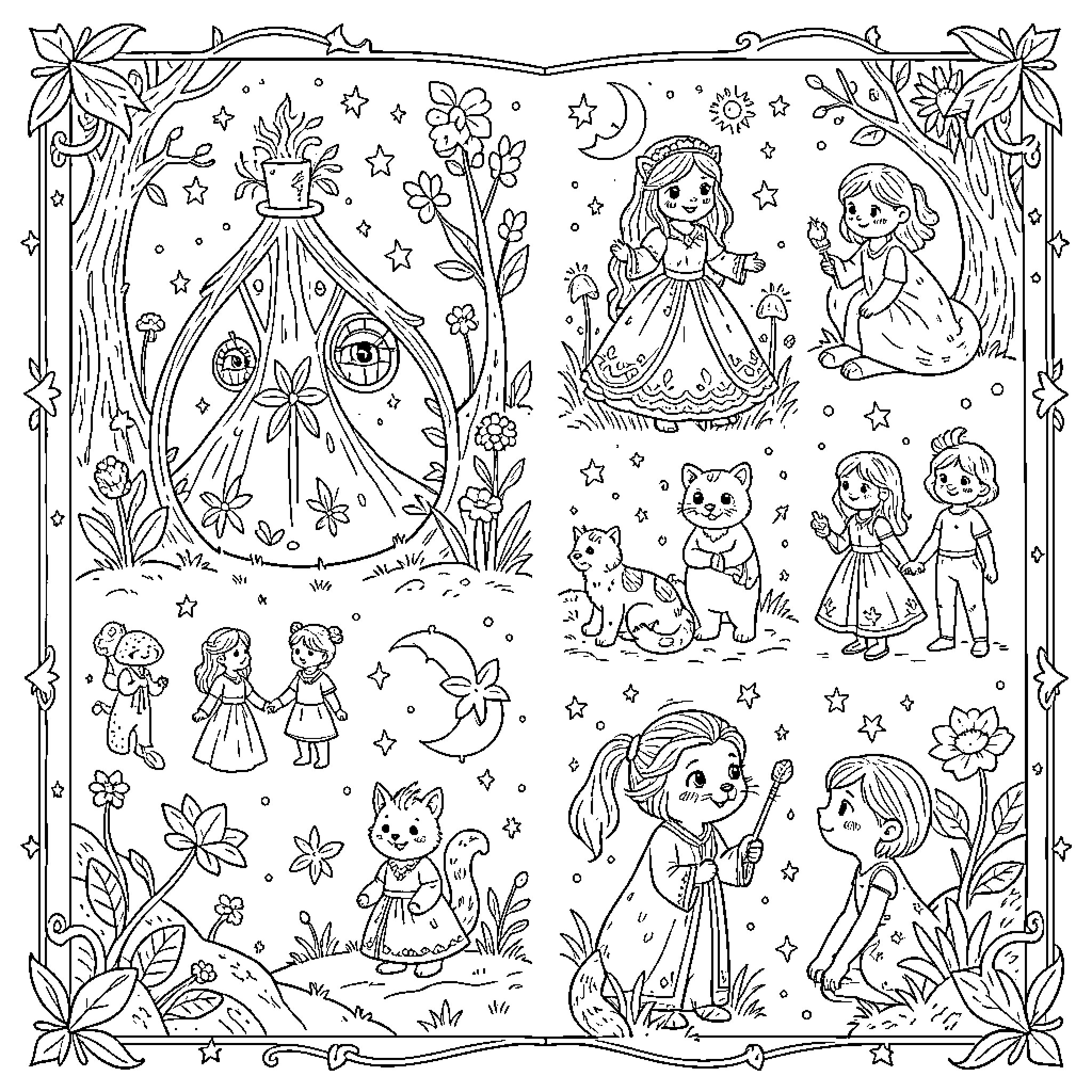 Magic fairy tale scenes with children and woodland creatures Coloring Page (free black-and-white line drawing printable PDF for all, from beginners to advanced learners, including children, teens, adults, and seniors)
