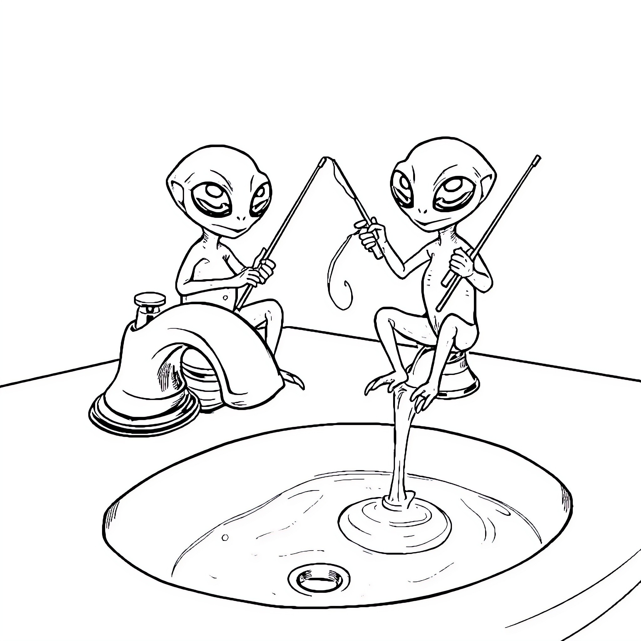 Alien fishing trip on a flying saucer Coloring Page (free black-and-white line drawing printable PDF for all, from beginners to advanced learners, including children, teens, adults, and seniors)