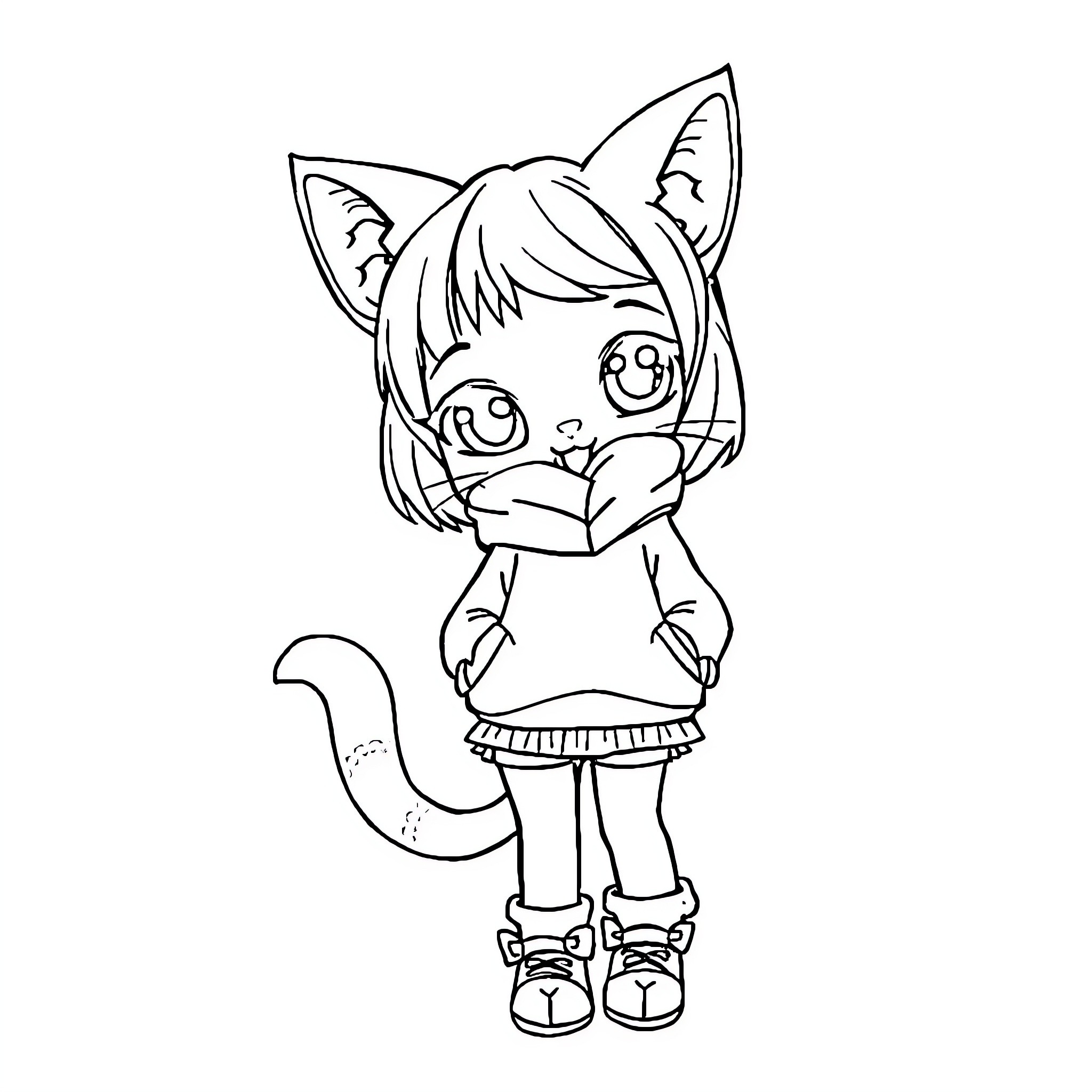 Cat Girl in Cute Outfit Coloring Page (free black-and-white line drawing printable PDF for all, from beginners to advanced learners, including children, teens, adults, and seniors)