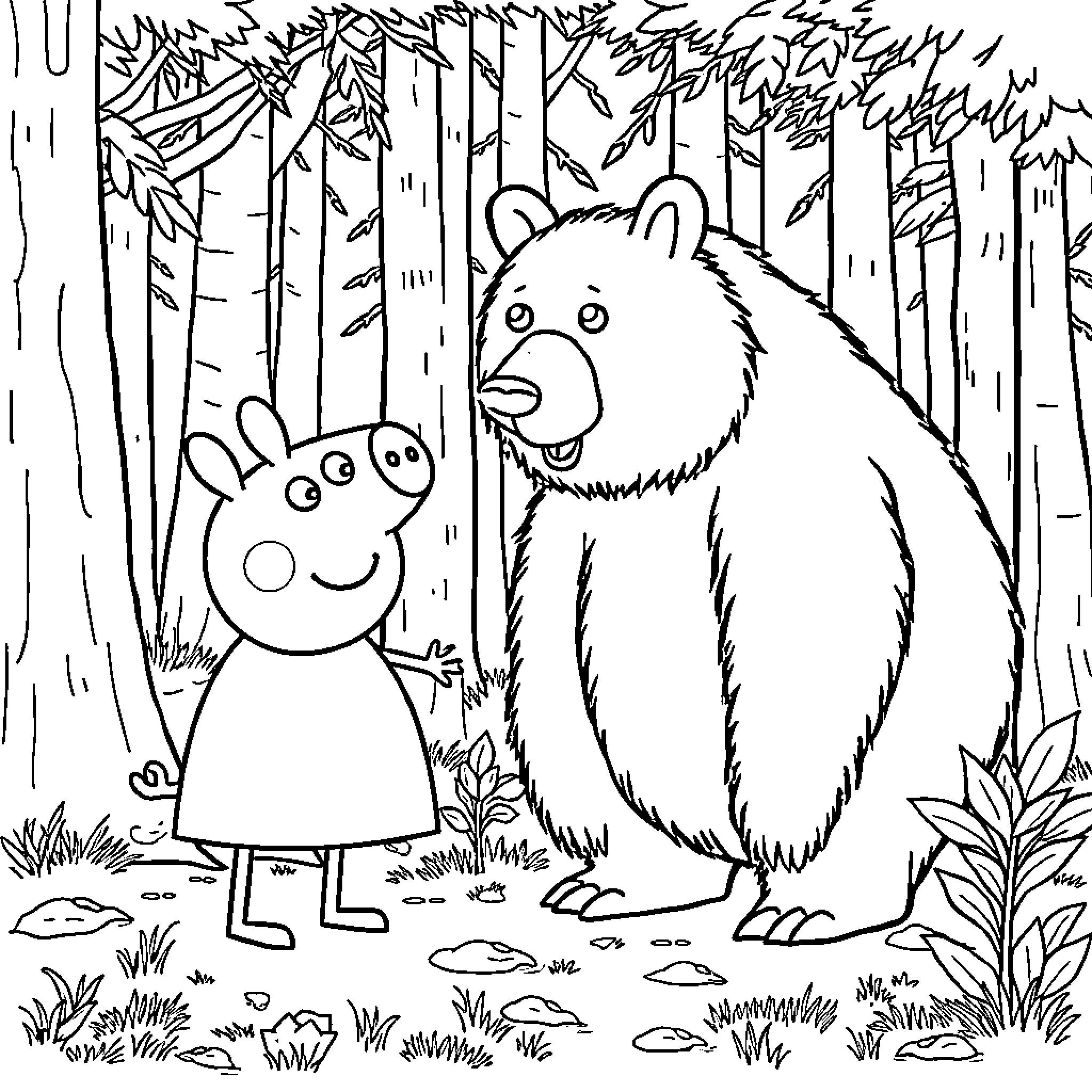 Peppa Pig and a friendly bear in the forest Coloring Page (free black-and-white line drawing printable PDF for all, from beginners to advanced learners, including children, teens, adults, and seniors)