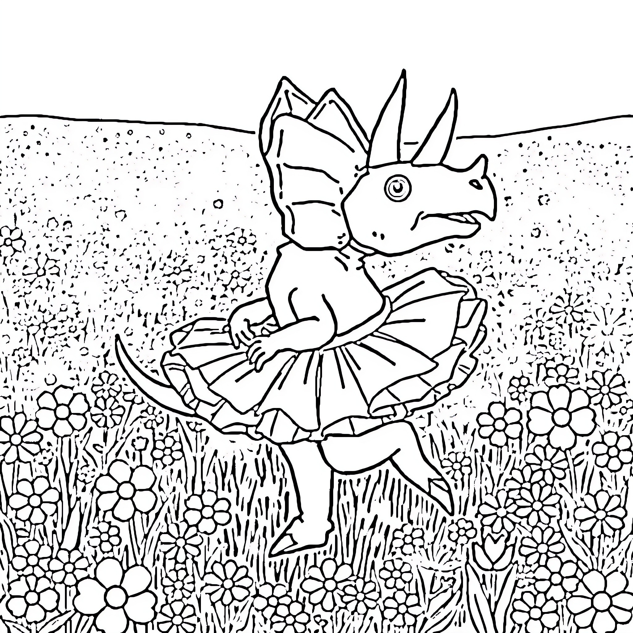 Triceratops Dinosaur Dancing in Flower Field Coloring Page (free black-and-white line drawing printable PDF for all, from beginners to advanced learners, including children, teens, adults, and seniors)