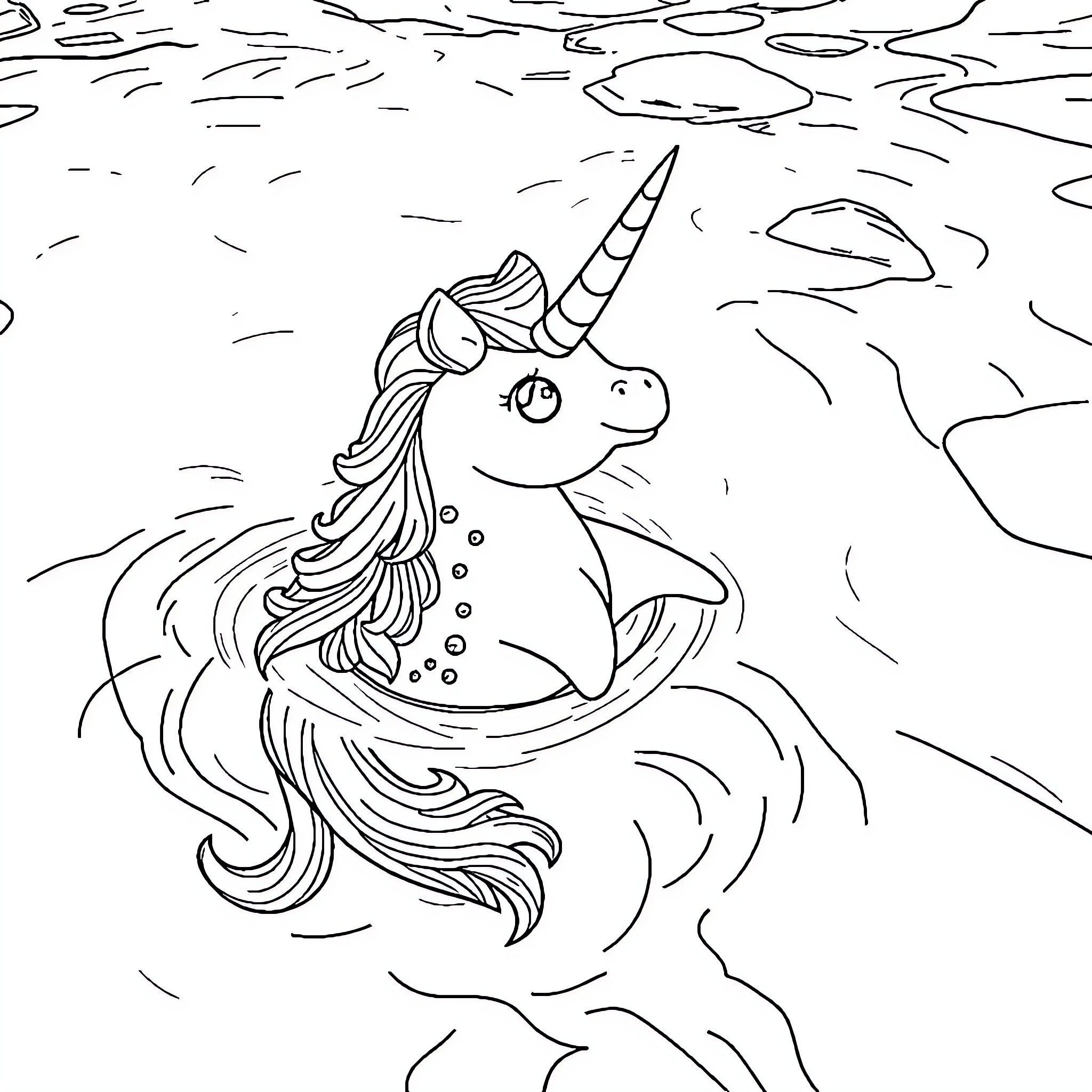Unicorn swimming joyfully in a magical pond Coloring Page (free black-and-white line drawing printable PDF for all, from beginners to advanced learners, including children, teens, adults, and seniors)