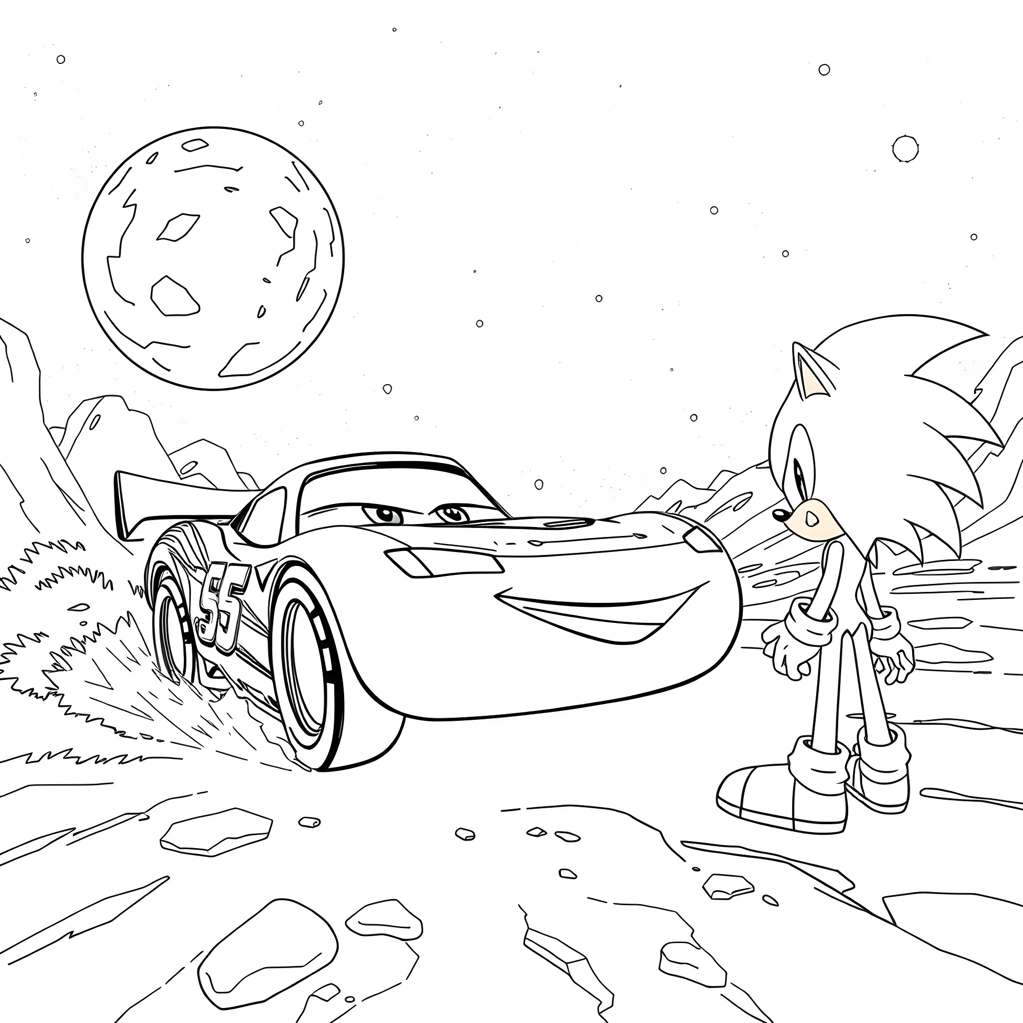 Lightning McQueen's intergalactic adventure with Sonic the Hedgehog Coloring Page (free black-and-white line drawing printable PDF for all, from beginners to advanced learners, including children, teens, adults, and seniors)