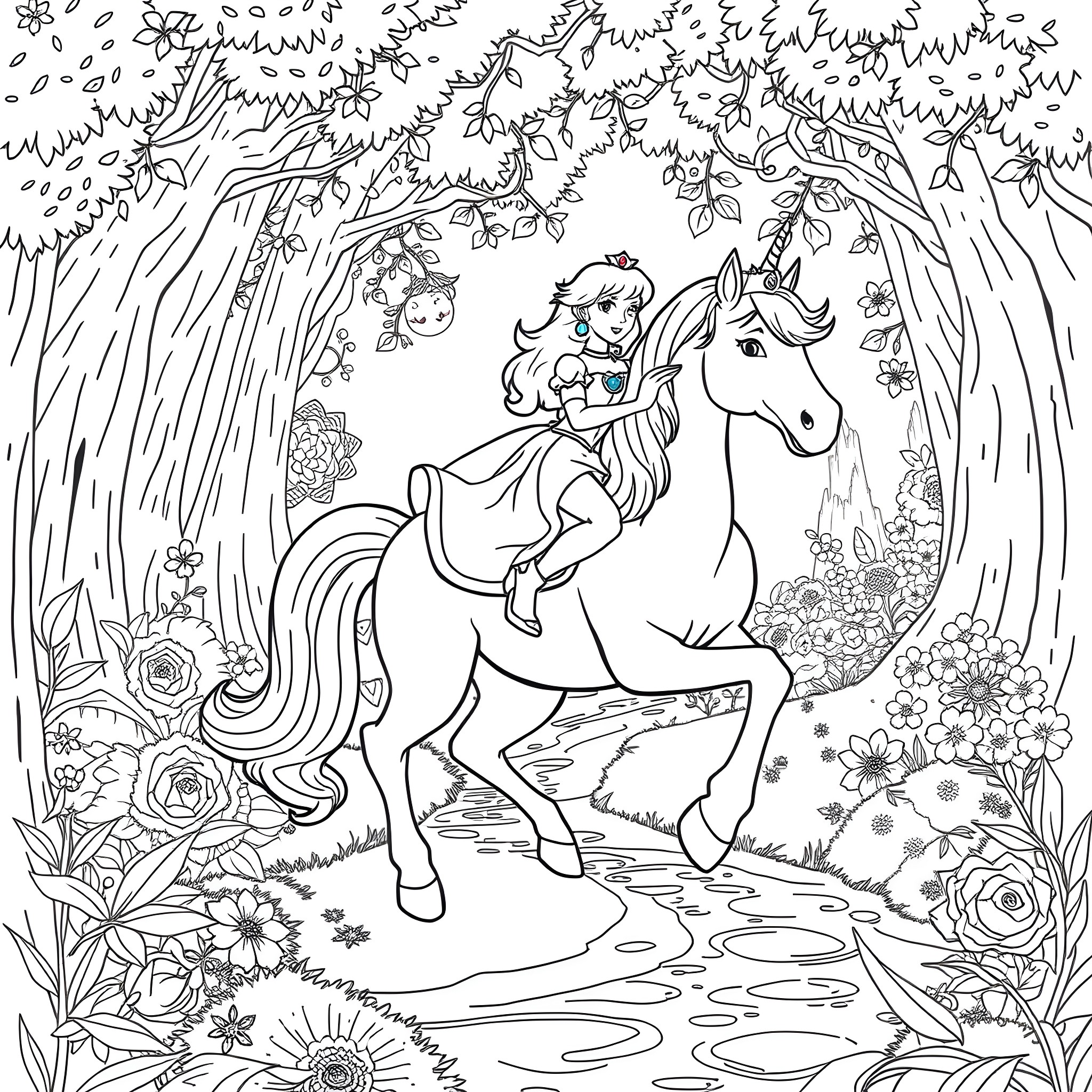 Princess Riding a Unicorn Through a Magical Forest Coloring Page (free black-and-white line drawing printable PDF for all, from beginners to advanced learners, including children, teens, adults, and seniors)