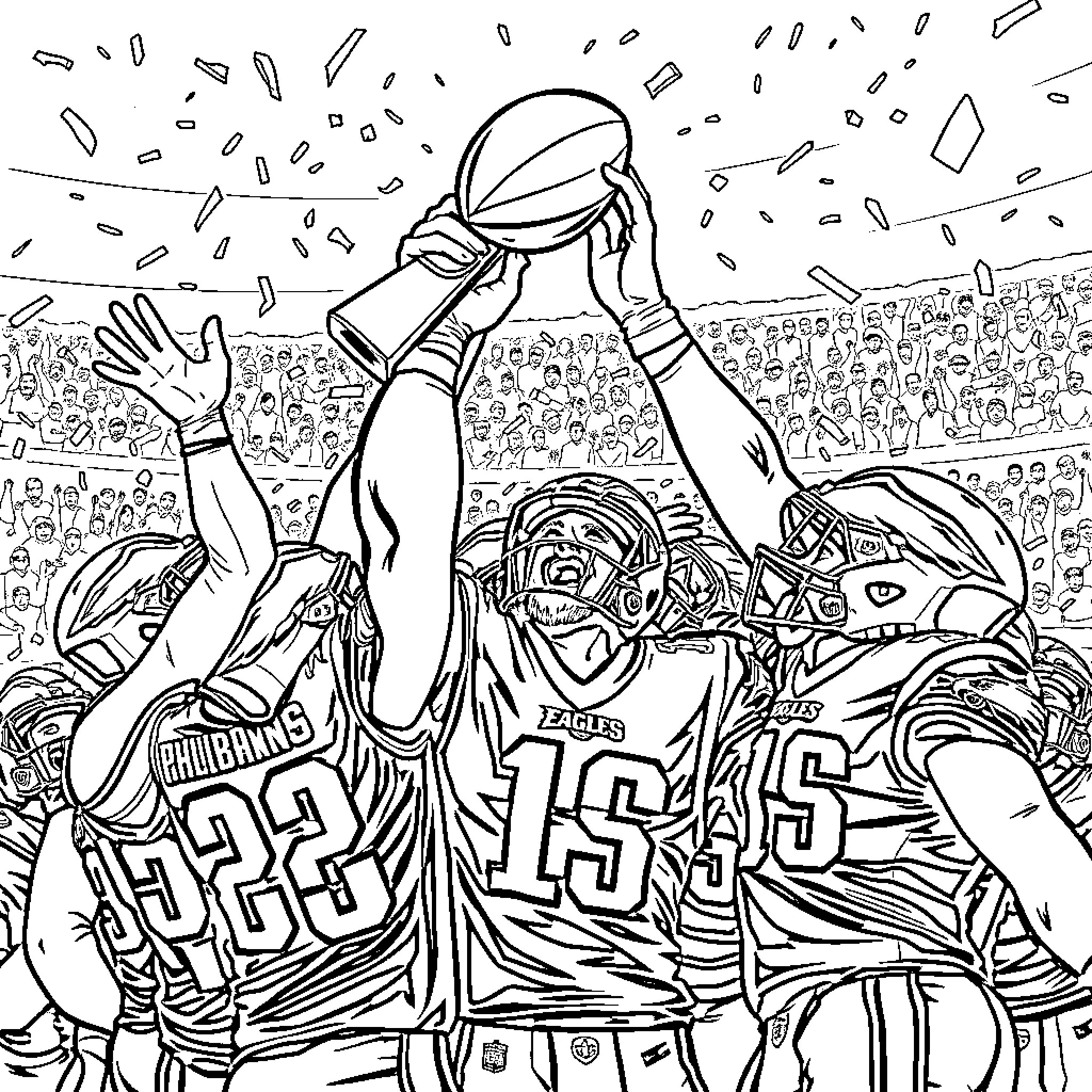 Philadelphia Eagles Players Celebrating Victory Coloring Page (free black-and-white line drawing printable PDF for all, from beginners to advanced learners, including children, teens, adults, and seniors)