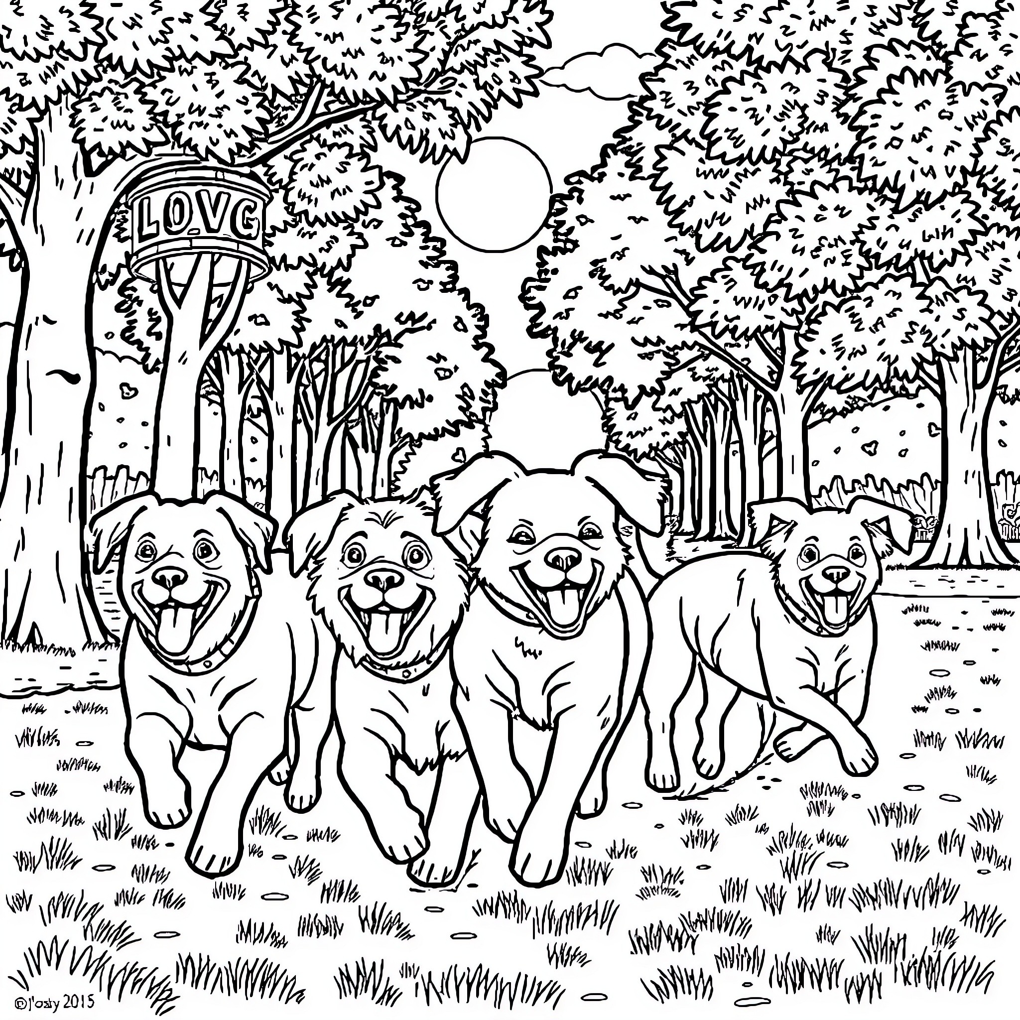 Dogs playing happily in the forest Coloring Page (free black-and-white line drawing printable PDF for all, from beginners to advanced learners, including children, teens, adults, and seniors)