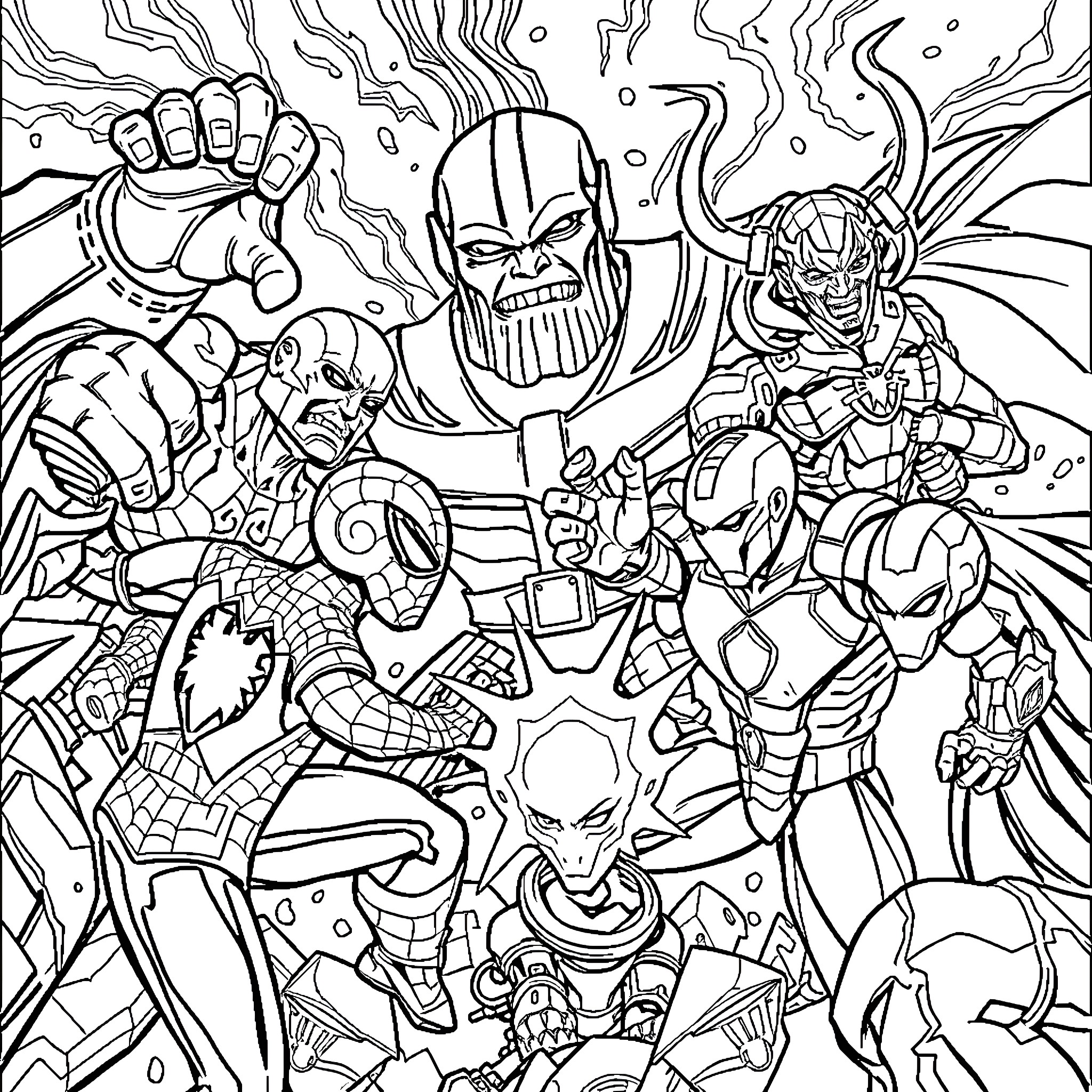 Superhero Showdown: Cosmic Chaos Coloring Page (free black-and-white line drawing printable PDF for all, from beginners to advanced learners, including children, teens, adults, and seniors)