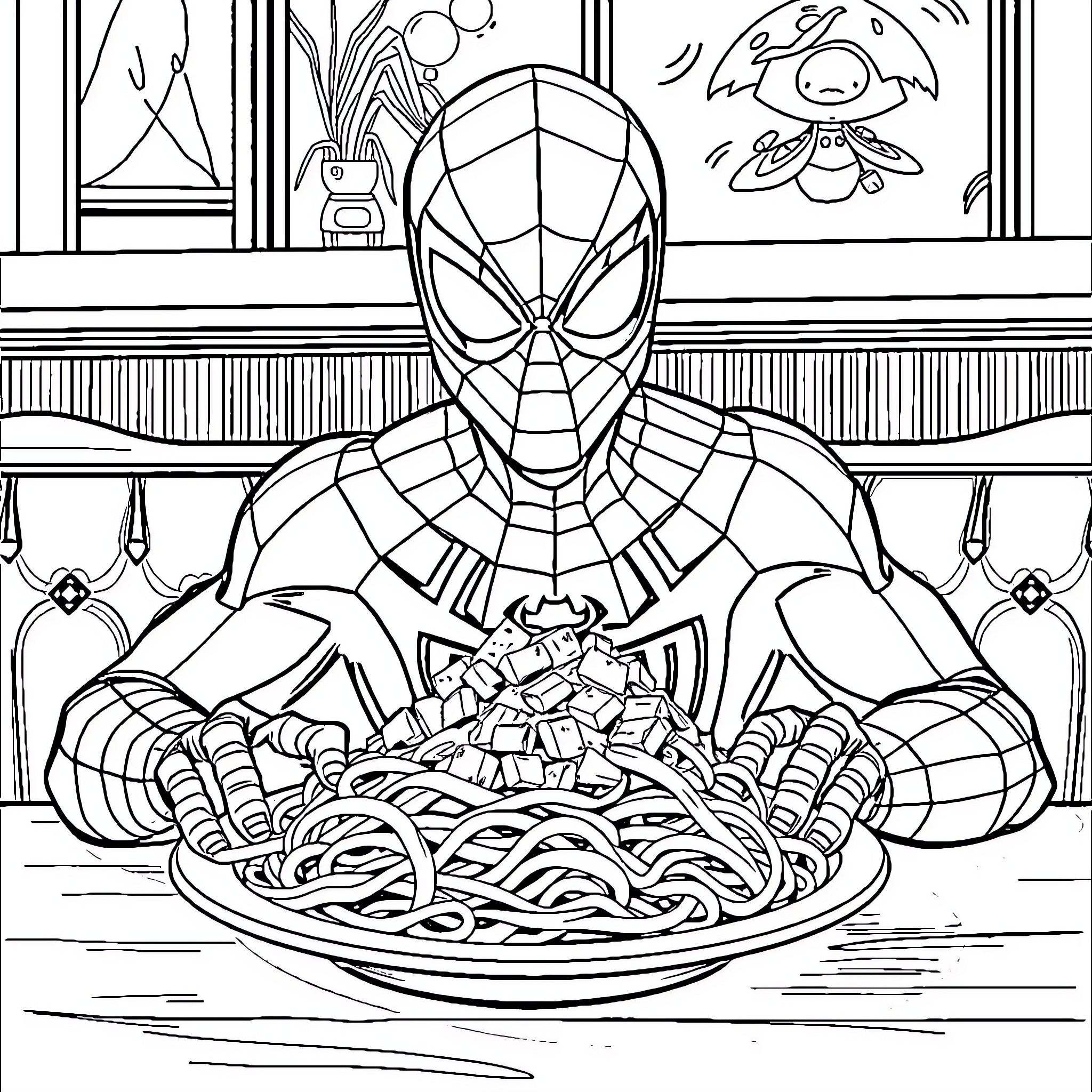 Spider-Man enjoying a plate of spaghetti Coloring Page (free black-and-white line drawing printable PDF for all, from beginners to advanced learners, including children, teens, adults, and seniors)