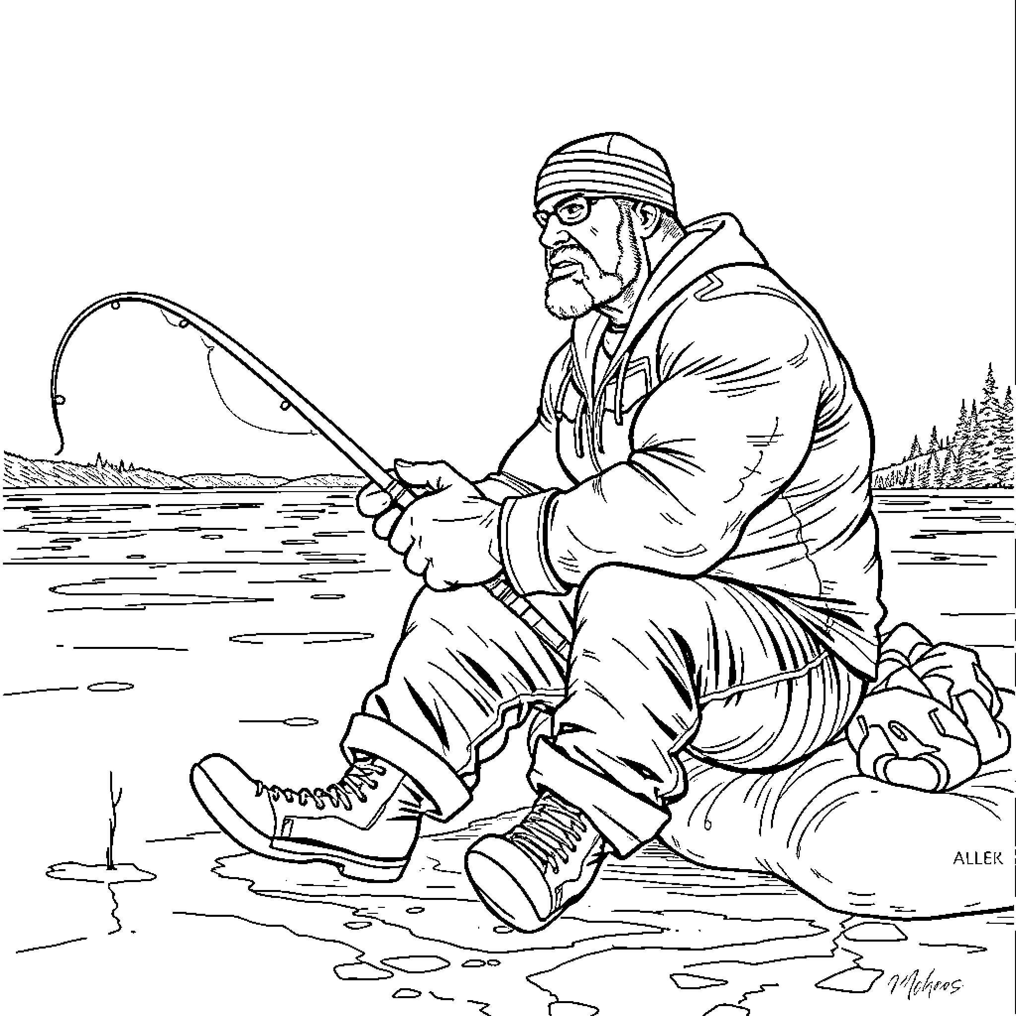 Hulk Hogan fishing on a cold winter day Coloring Page (free black-and-white line drawing printable PDF for all, from beginners to advanced learners, including children, teens, adults, and seniors)