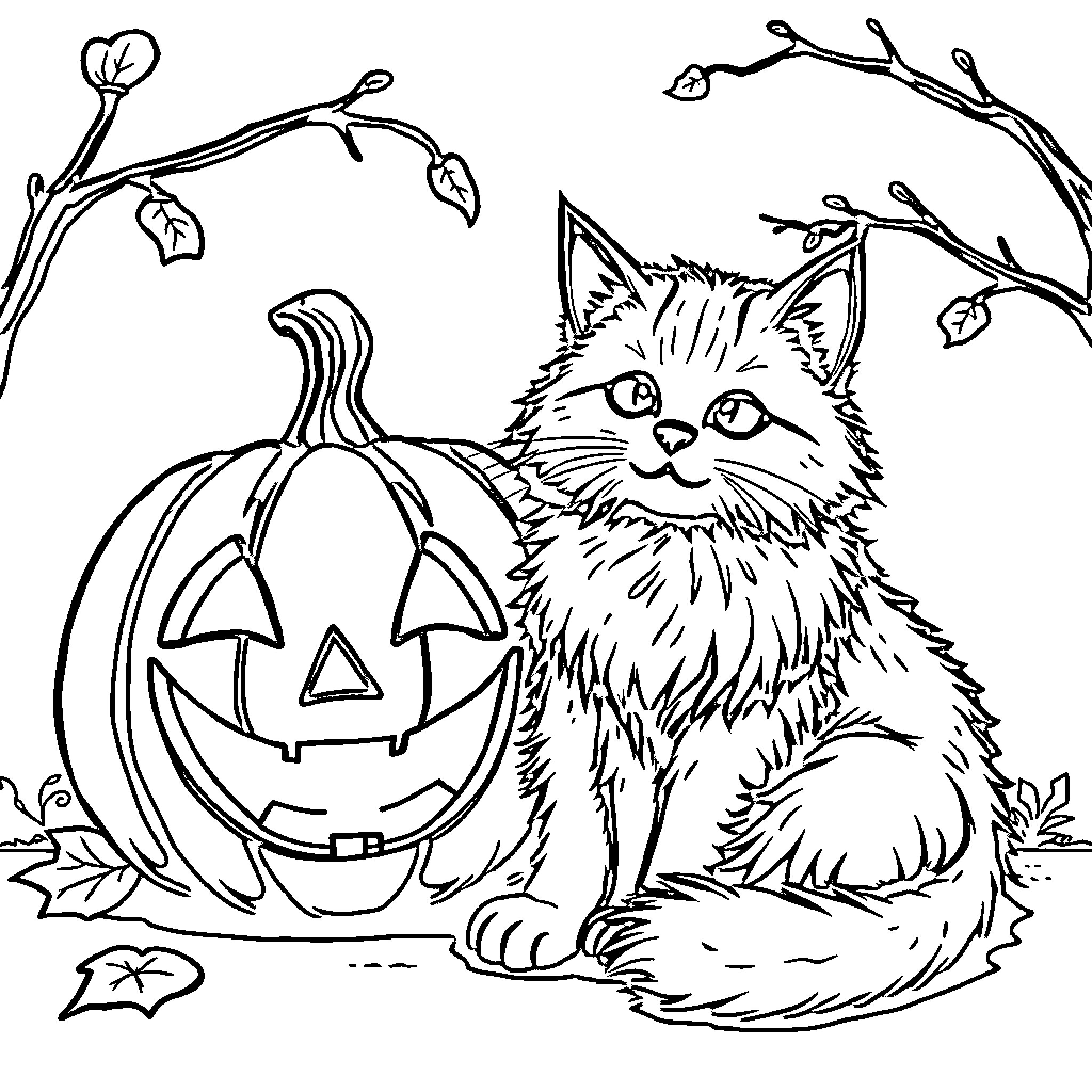 Cat with Halloween pumpkin and autumn leaves Coloring Page (free black-and-white line drawing printable PDF for all, from beginners to advanced learners, including children, teens, adults, and seniors)