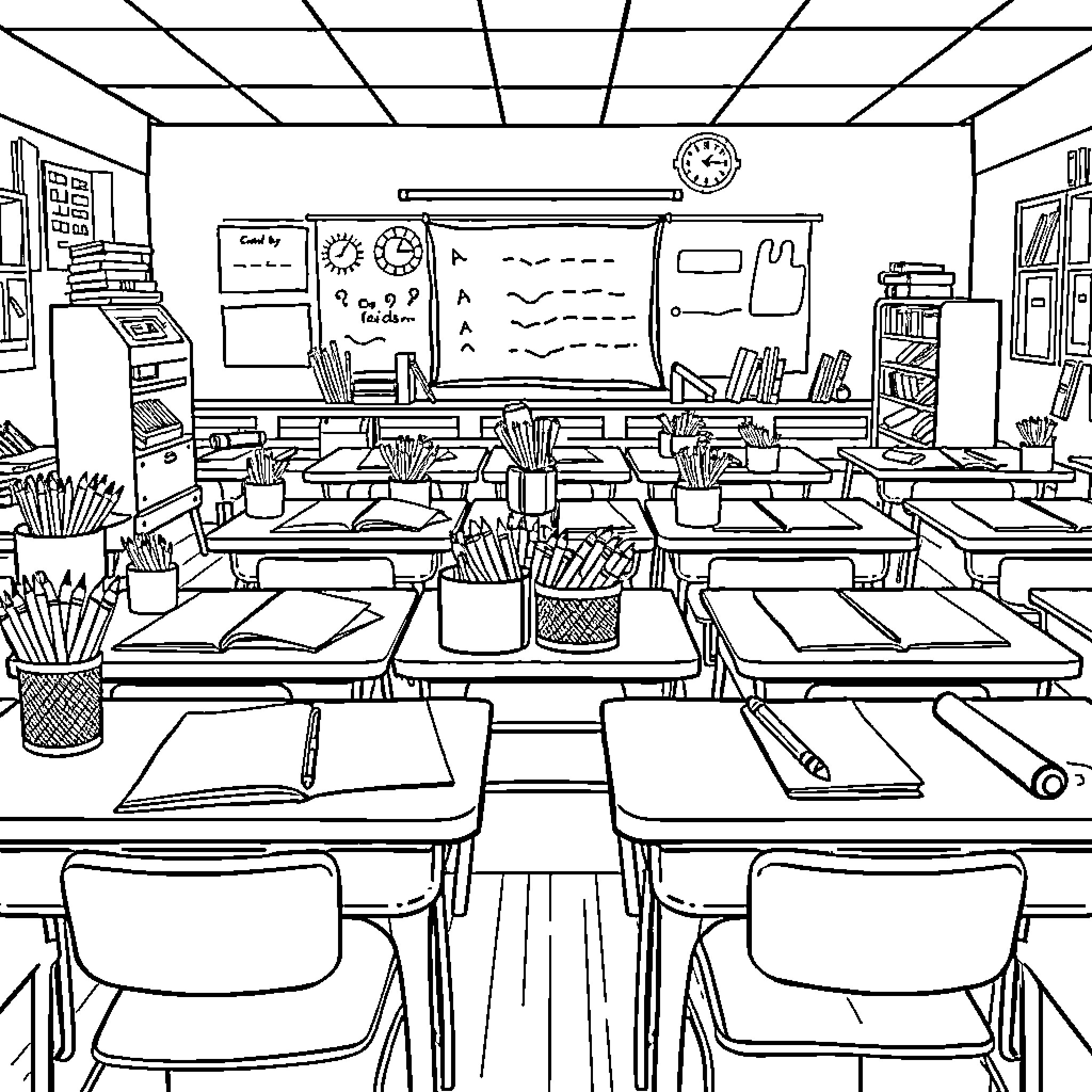 School Supplies in a Bustling Classroom Coloring Page (free black-and-white line drawing printable PDF for all, from beginners to advanced learners, including children, teens, adults, and seniors)