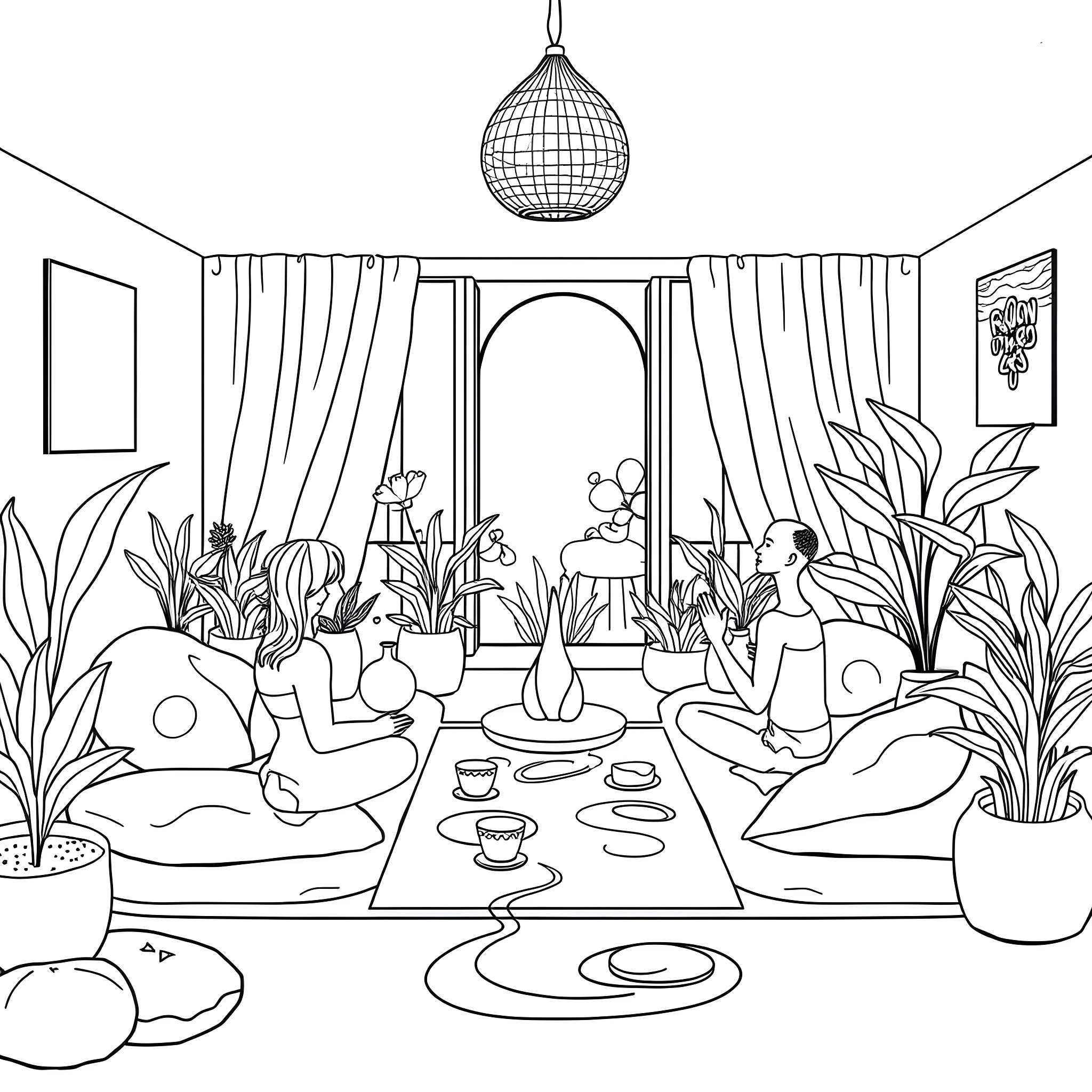 Mental Health Meditation in a Cozy Indoor Space Coloring Page (free black-and-white line drawing printable PDF for all, from beginners to advanced learners, including children, teens, adults, and seniors)