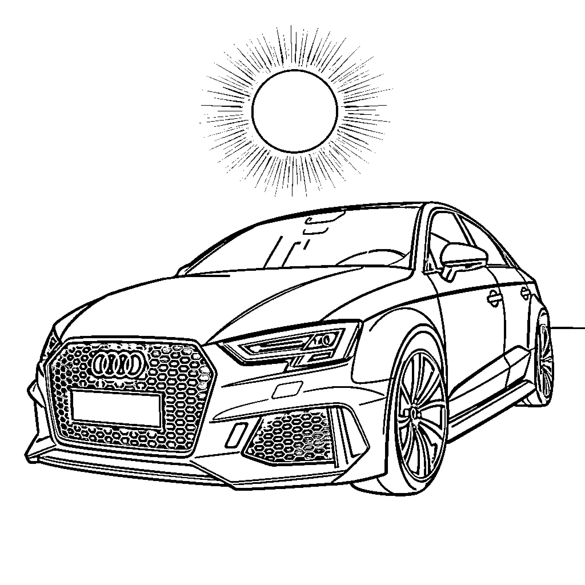 Audi sports car under bright sun Coloring Page (free black-and-white line drawing printable PDF for all, from beginners to advanced learners, including children, teens, adults, and seniors)