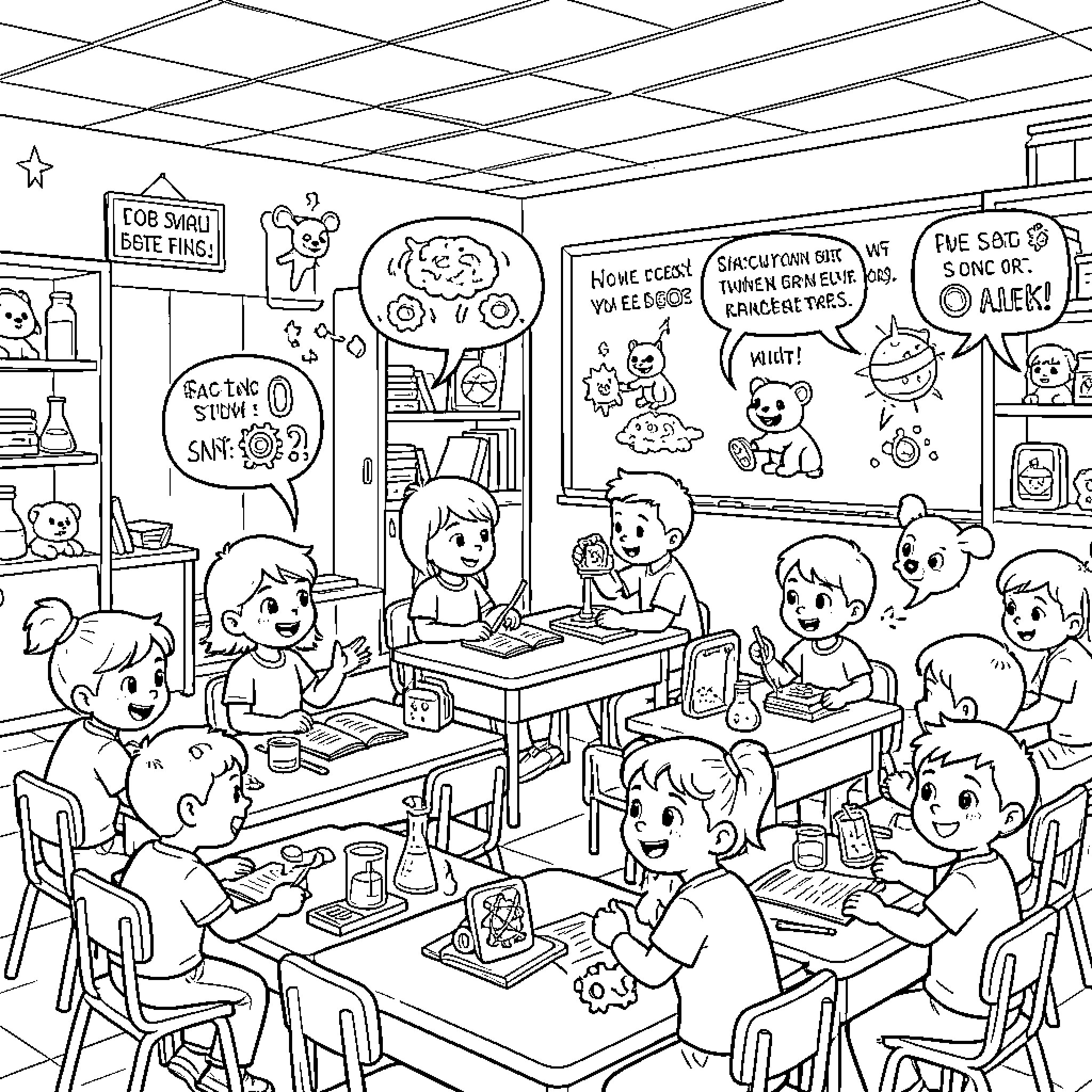 Toy classroom scene with children studying and playing Coloring Page (free black-and-white line drawing printable PDF for all, from beginners to advanced learners, including children, teens, adults, and seniors)
