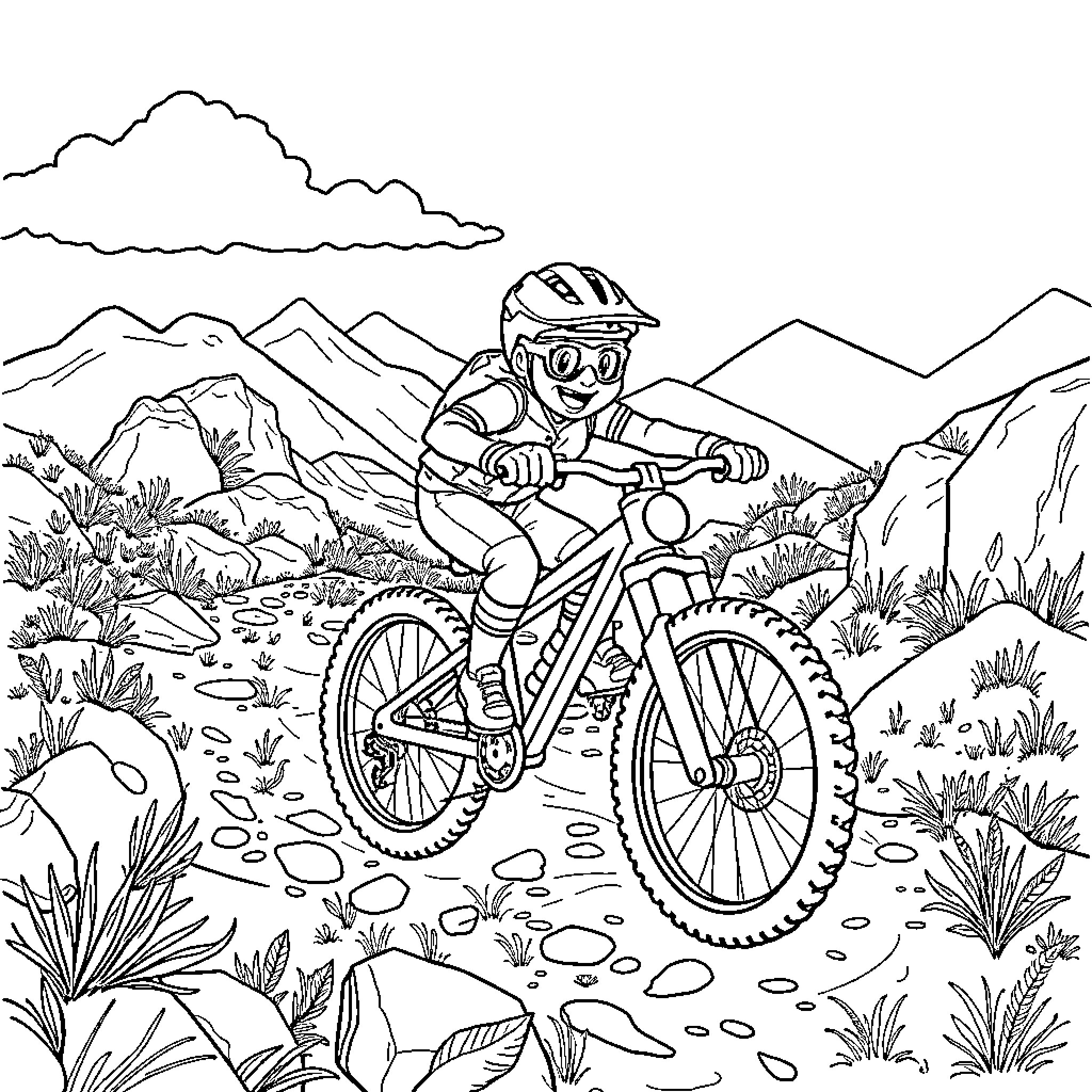 Bluey's Mountain Bike Adventure Coloring Page (free black-and-white line drawing printable PDF for all, from beginners to advanced learners, including children, teens, adults, and seniors)